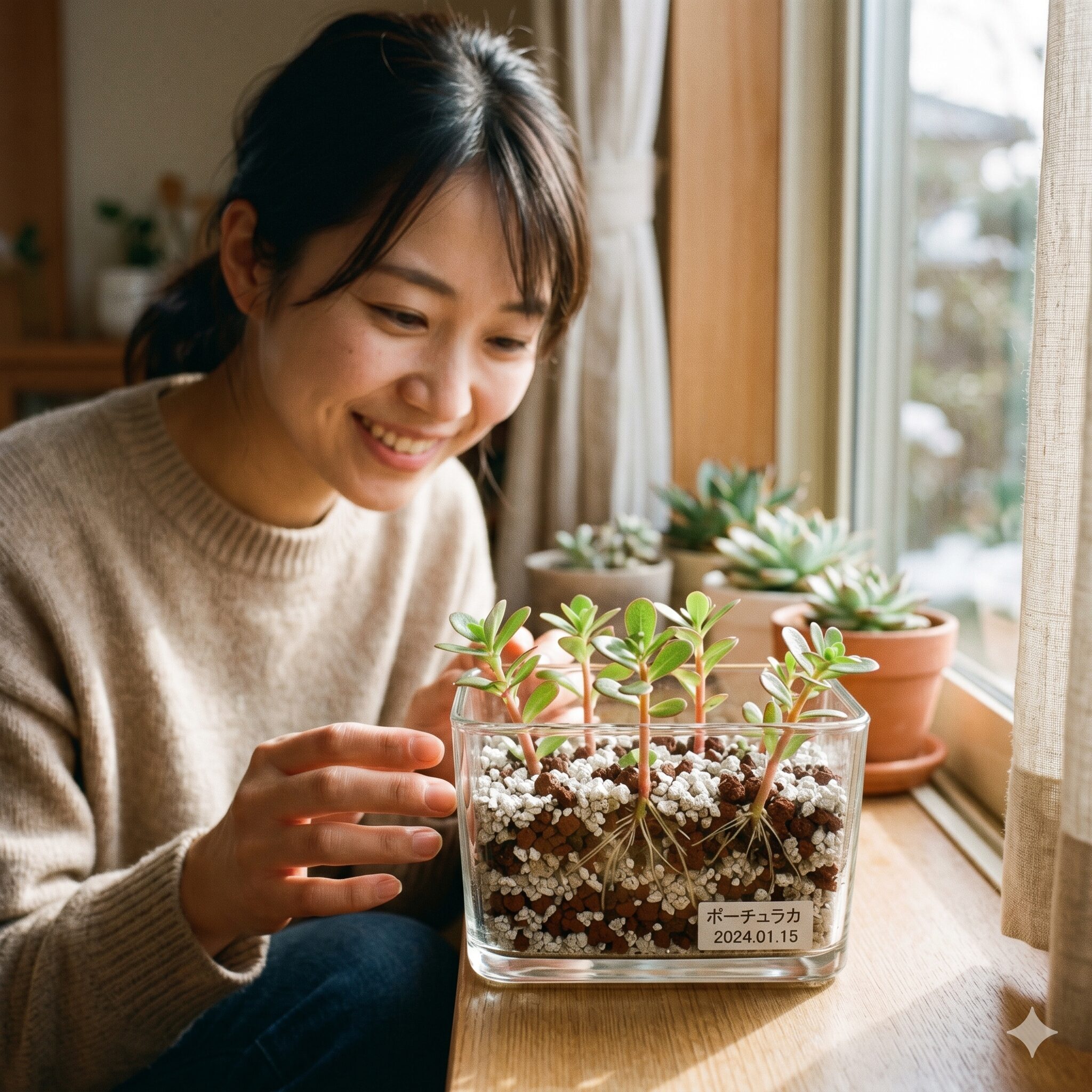 ポーチュラカ 花壇9　冬越しのために室内窓辺の育苗ポットに挿して発根させたポーチュラカの挿し木クローン