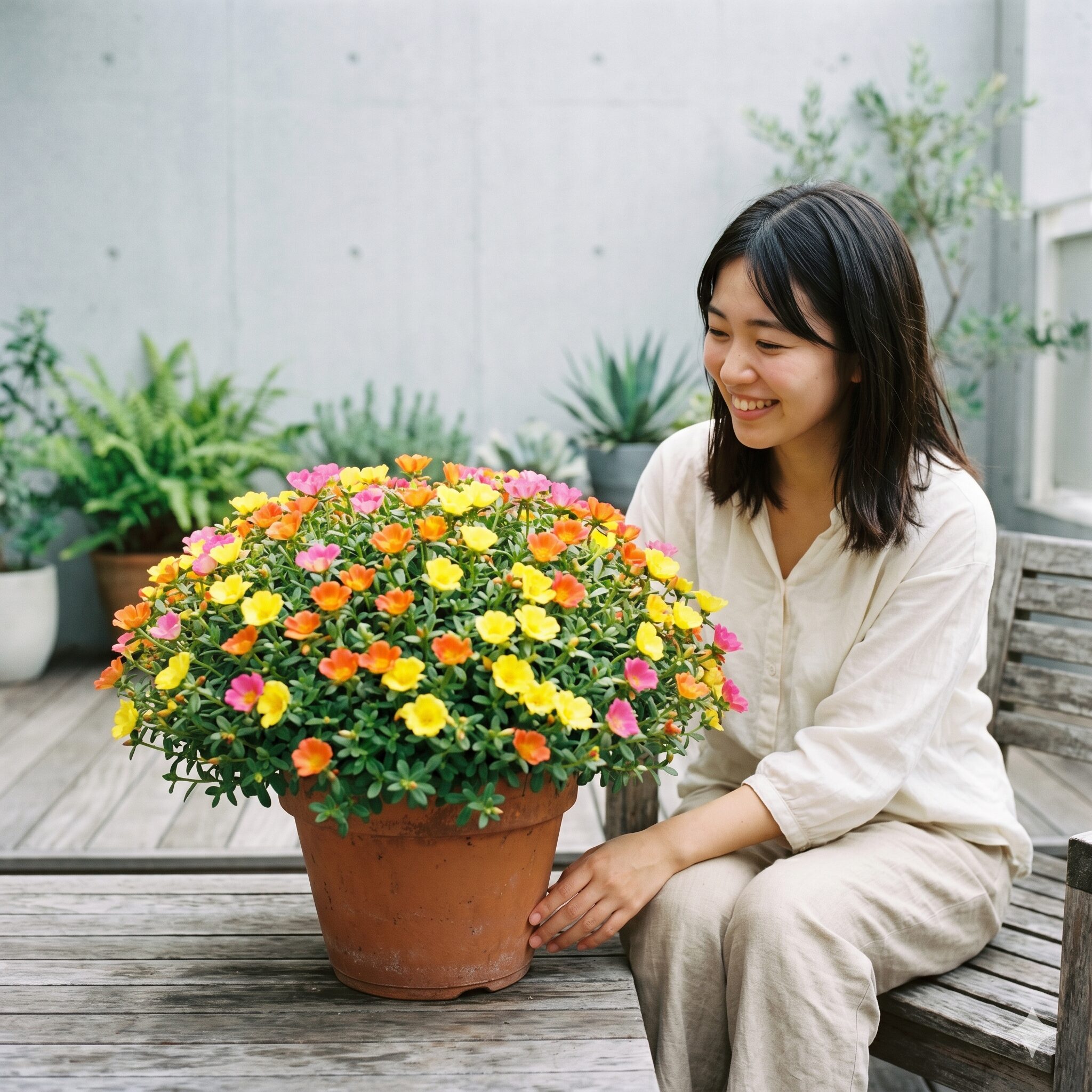 ポーチュラカ 花言葉 怖い10　肥料が適切に管理されコンパクトにたくさんの花を咲かせるポーチュラカの鉢植え