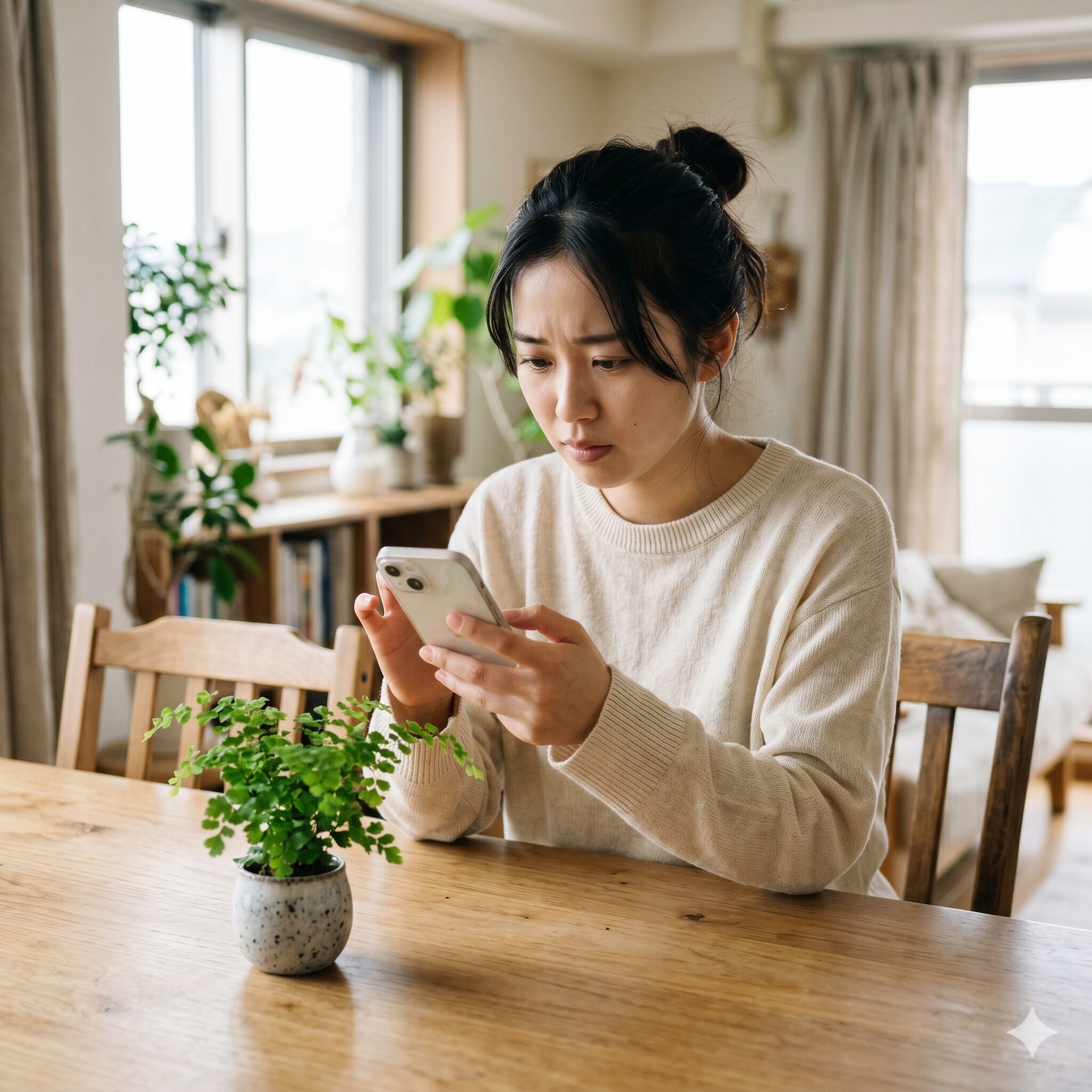 チュラカ 花言葉 怖い2　スマートフォンで花言葉を検索して少し不安そうな表情を浮かべる若い日本人女性