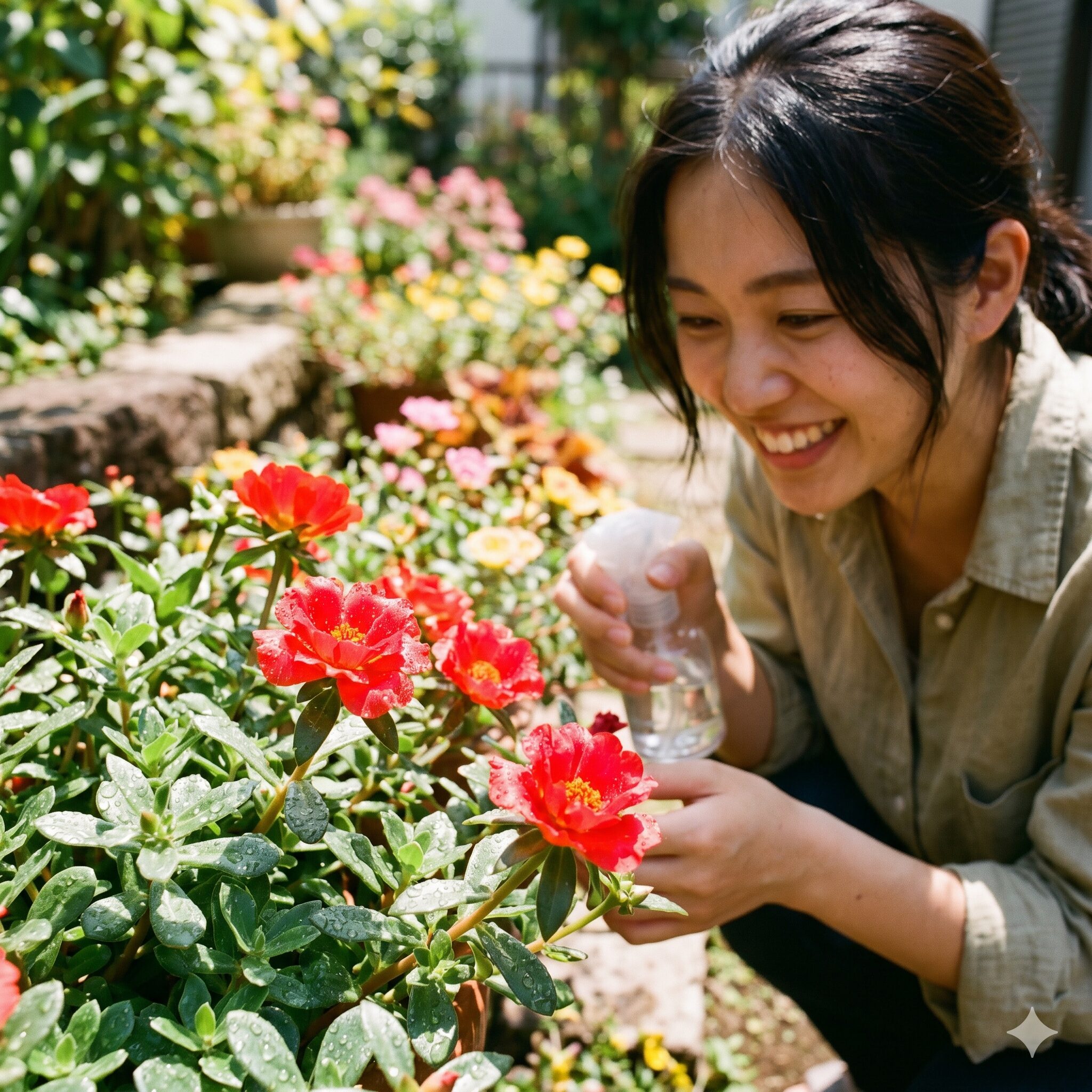 ポーチュラカ 花言葉 怖い3　強い日差しを浴びて生き生きと輝くポーチュラカの肉厚な葉と赤い花