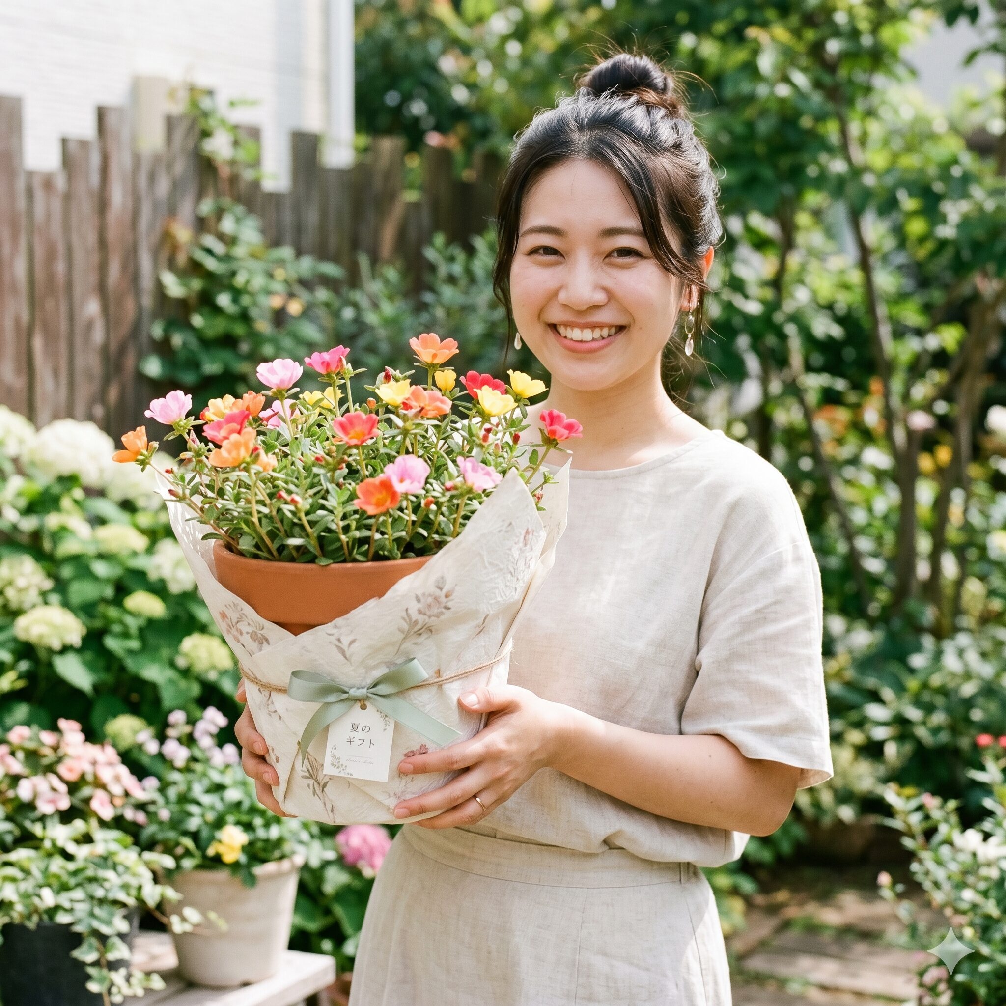ポーチュラカ 花言葉 怖い5　プレゼント用にラッピングされたポーチュラカの鉢植えを笑顔で持つ若い日本人女性