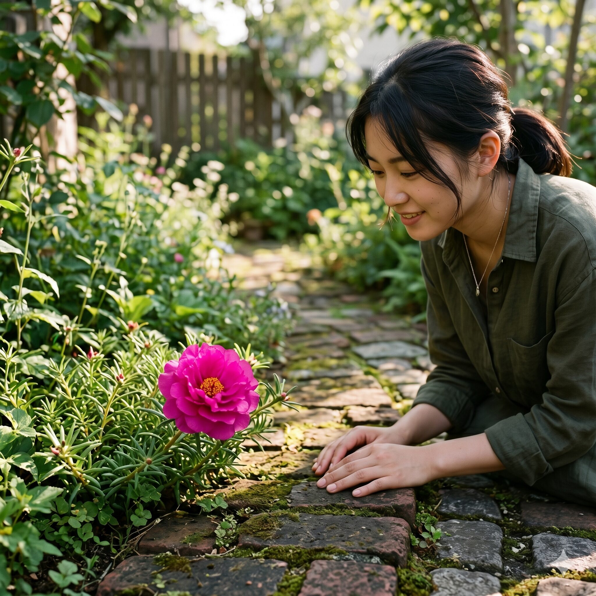 ポーチュラカ 花言葉 怖い6　レンガの小道の脇で華やかに咲く八重咲きのマツバボタンの花