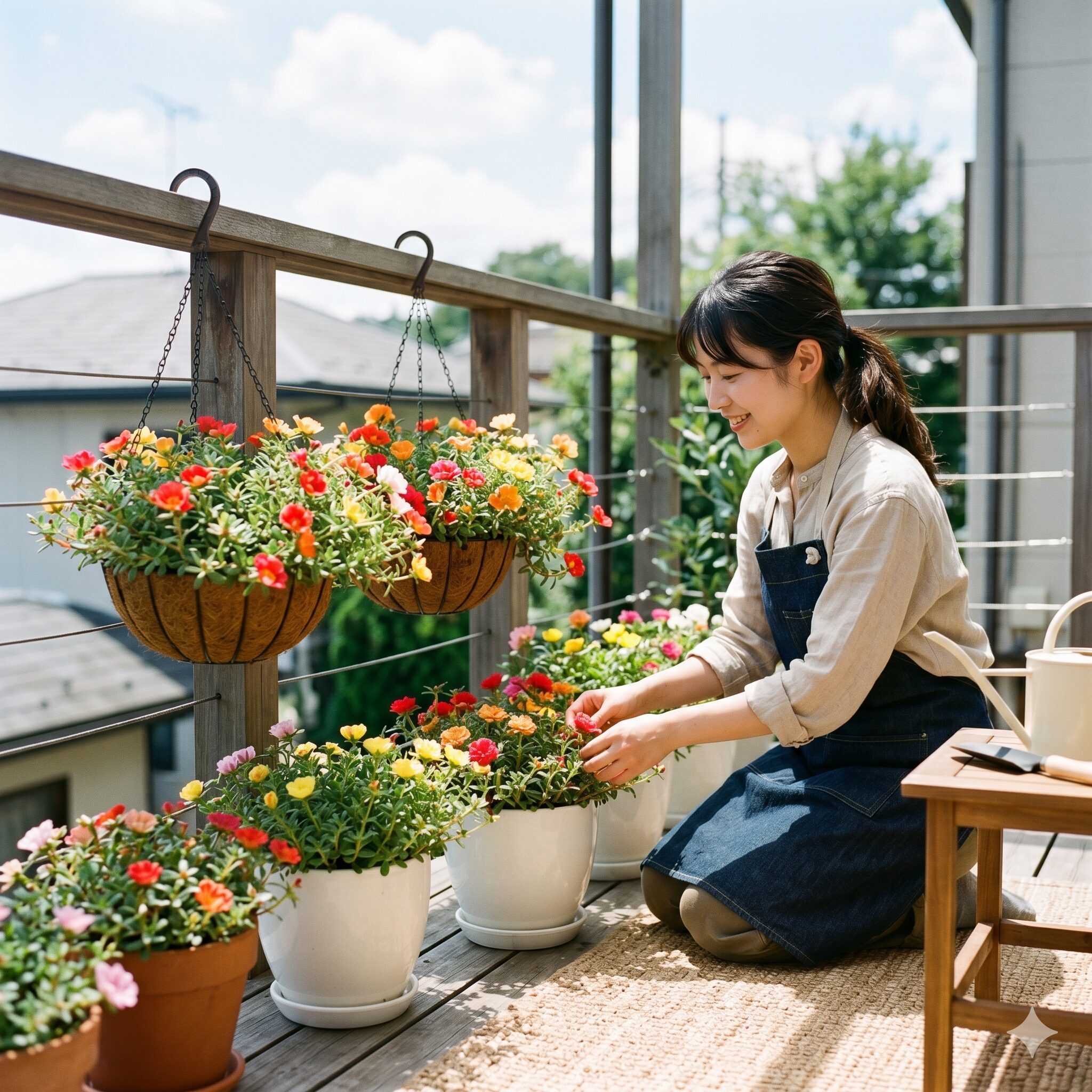ポーチュラカ 花言葉 怖い8　ベランダのプランターとハンギングバスケットできれいに収まるポーチュラカの栽培風景