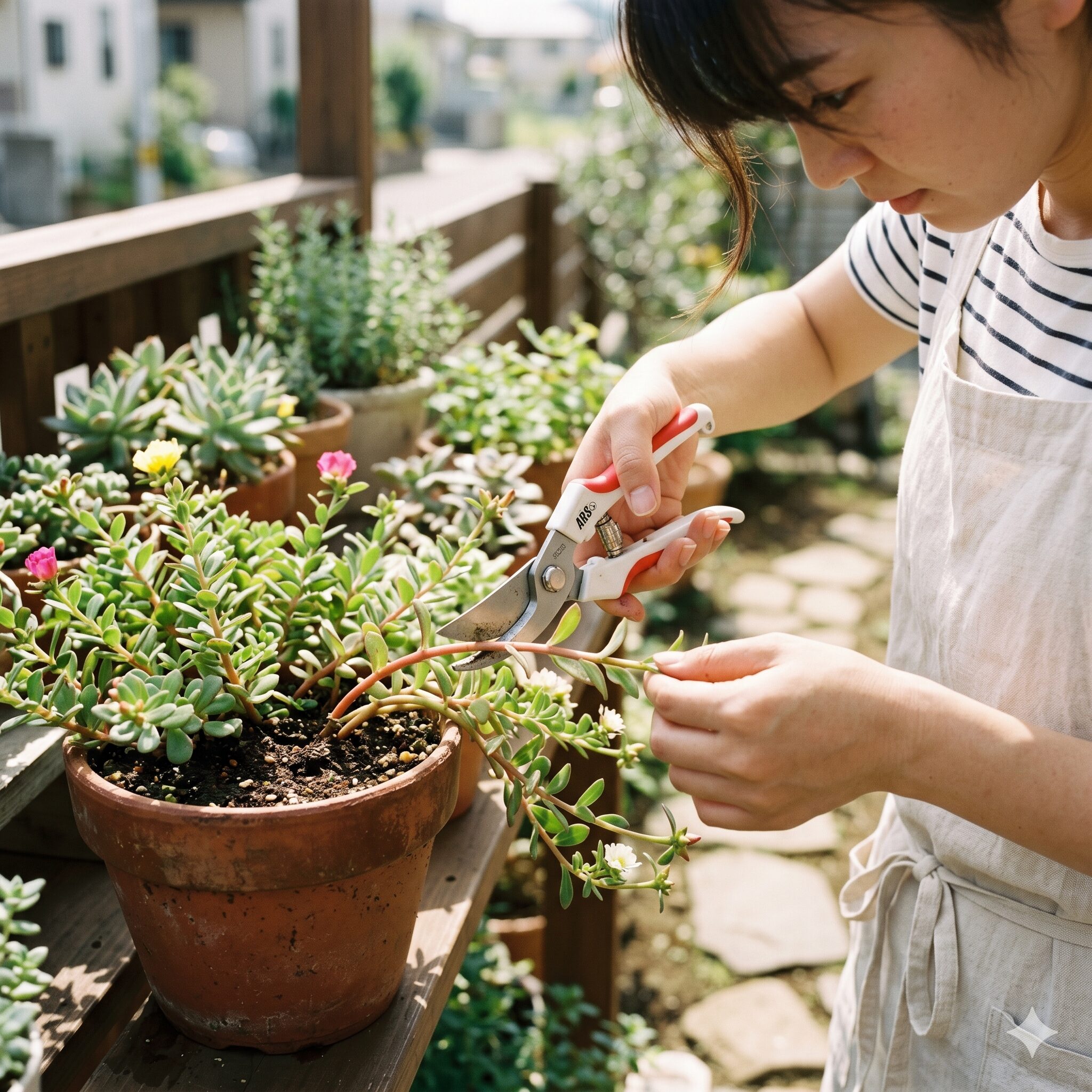 ポーチュラカ 花言葉 怖い9　園芸ハサミを使ってポーチュラカの伸びた茎を丁寧に切り戻しする様