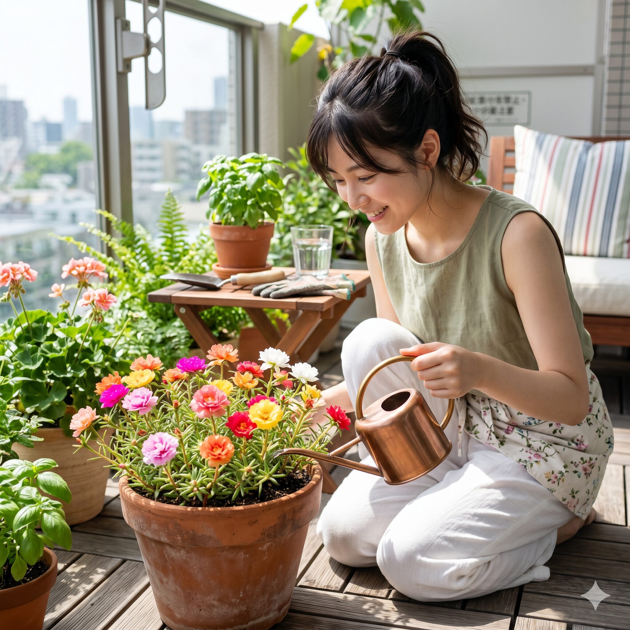 ポーチュラカ 鉢植え1　夏のベランダでポーチュラカの鉢植えを愛でる若い日本人女性
