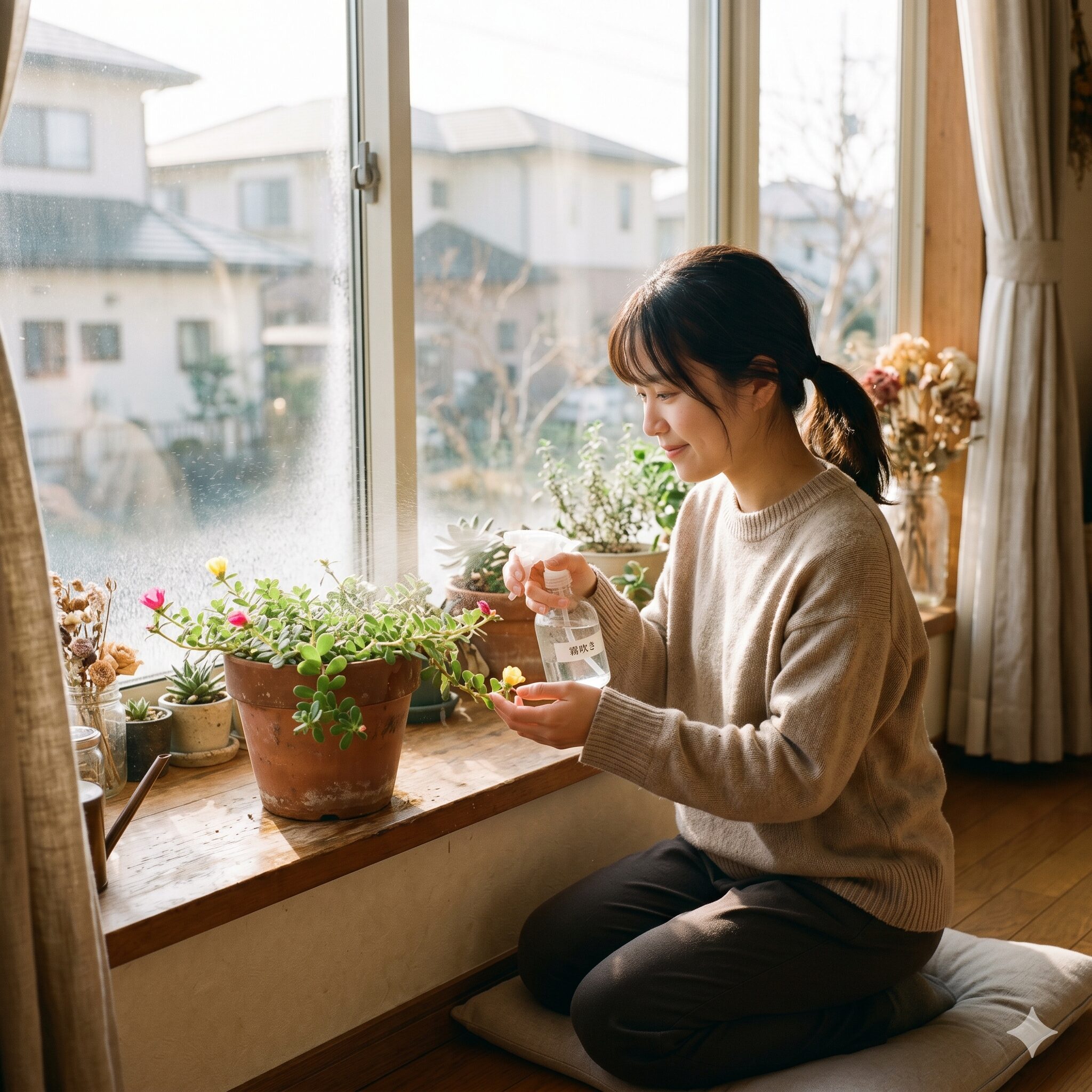ポーチュラカ 鉢植え10 室内で冬越しのために管理されているポーチュラカの鉢植え