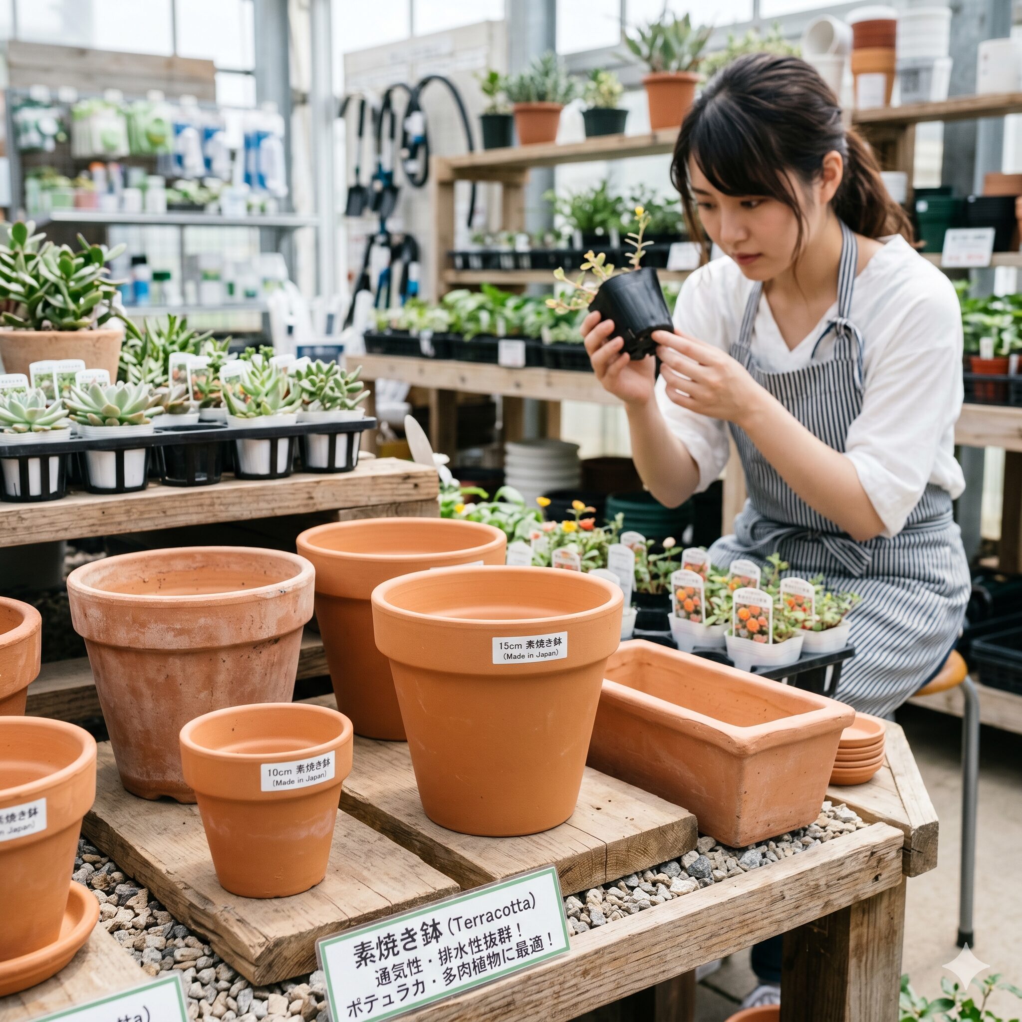 ポーチュラカ 鉢植え2 ポーチュラカに適したテラコッタ鉢と苗のサイズ選びを確認する様子