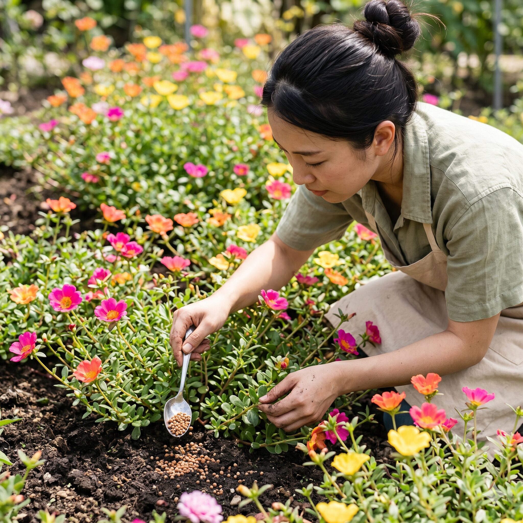 ポーチュラカ 鉢植え4 ポーチュラカの株元に緩効性肥料を追肥する様子