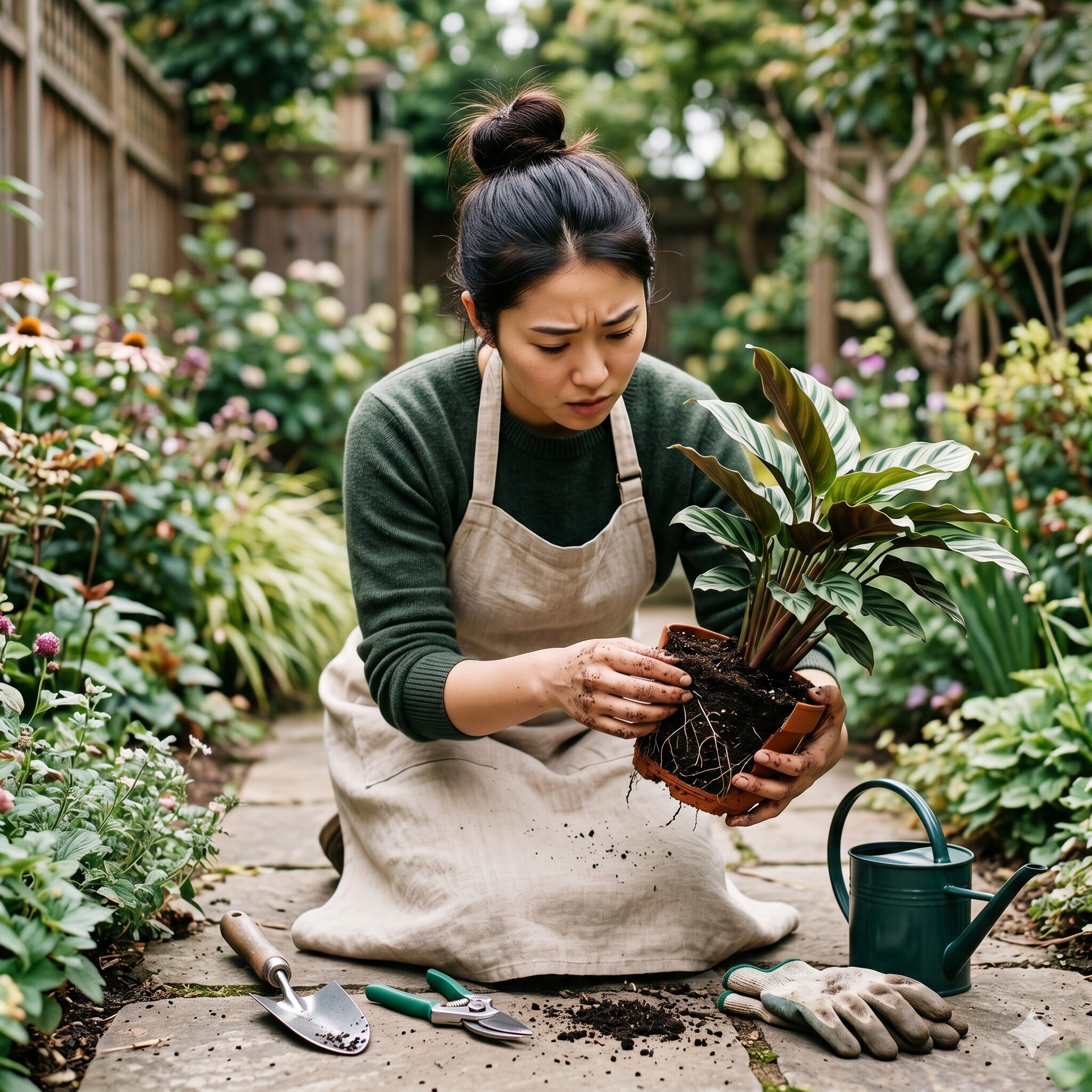 ポーチュラカ 鉢植え9 ポーチュラカの株元に異常がないか確認する若い日本人女性