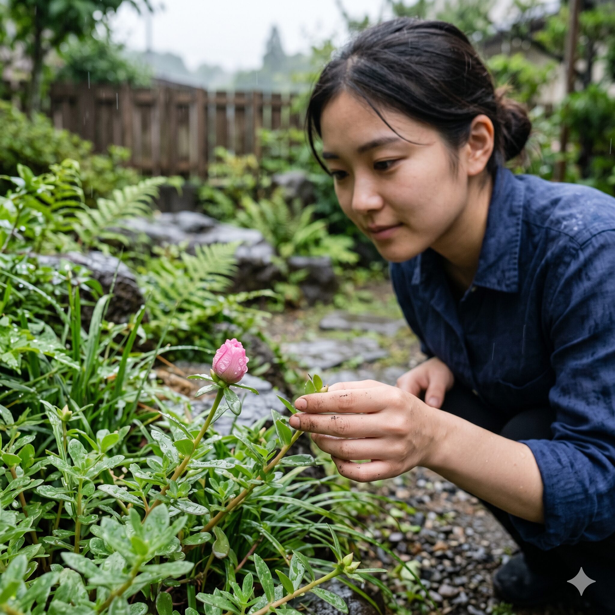 ポーチュラカ 開花 時期3　曇りや雨の日の日照不足により花弁を固く閉じているポーチュラカのつぼみ
