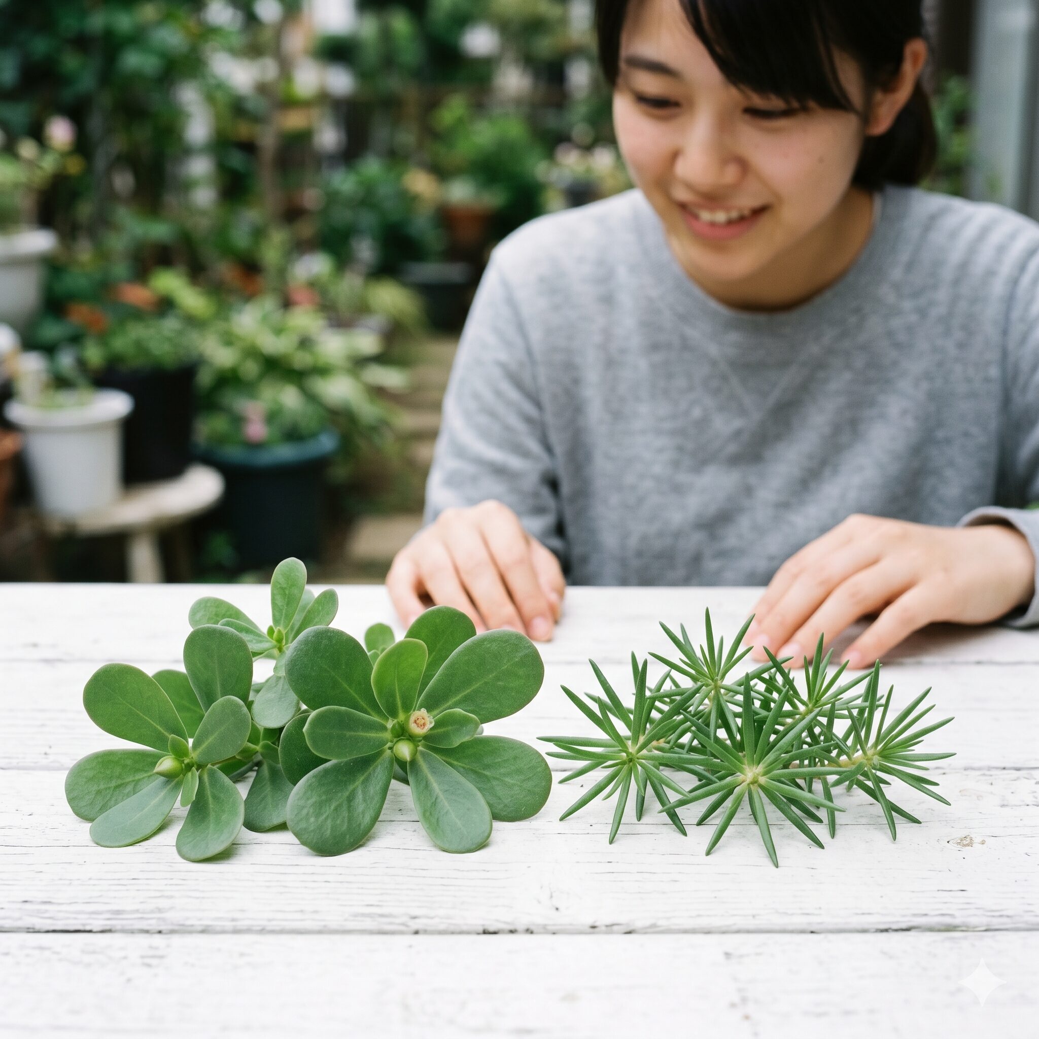 ポーチュラカ 開花 時期4　形態識別ポイントとなるポーチュラカの丸葉とマツバボタンの細長い針状の葉の比較