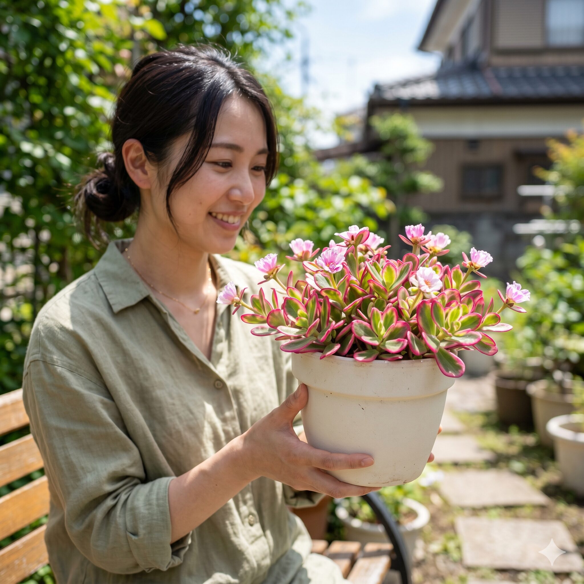 ポーチュラカ 開花 時期5　葉の縁に鮮やかなピンク色の班が入ったカラーリーフ品種のマジカルキューティー