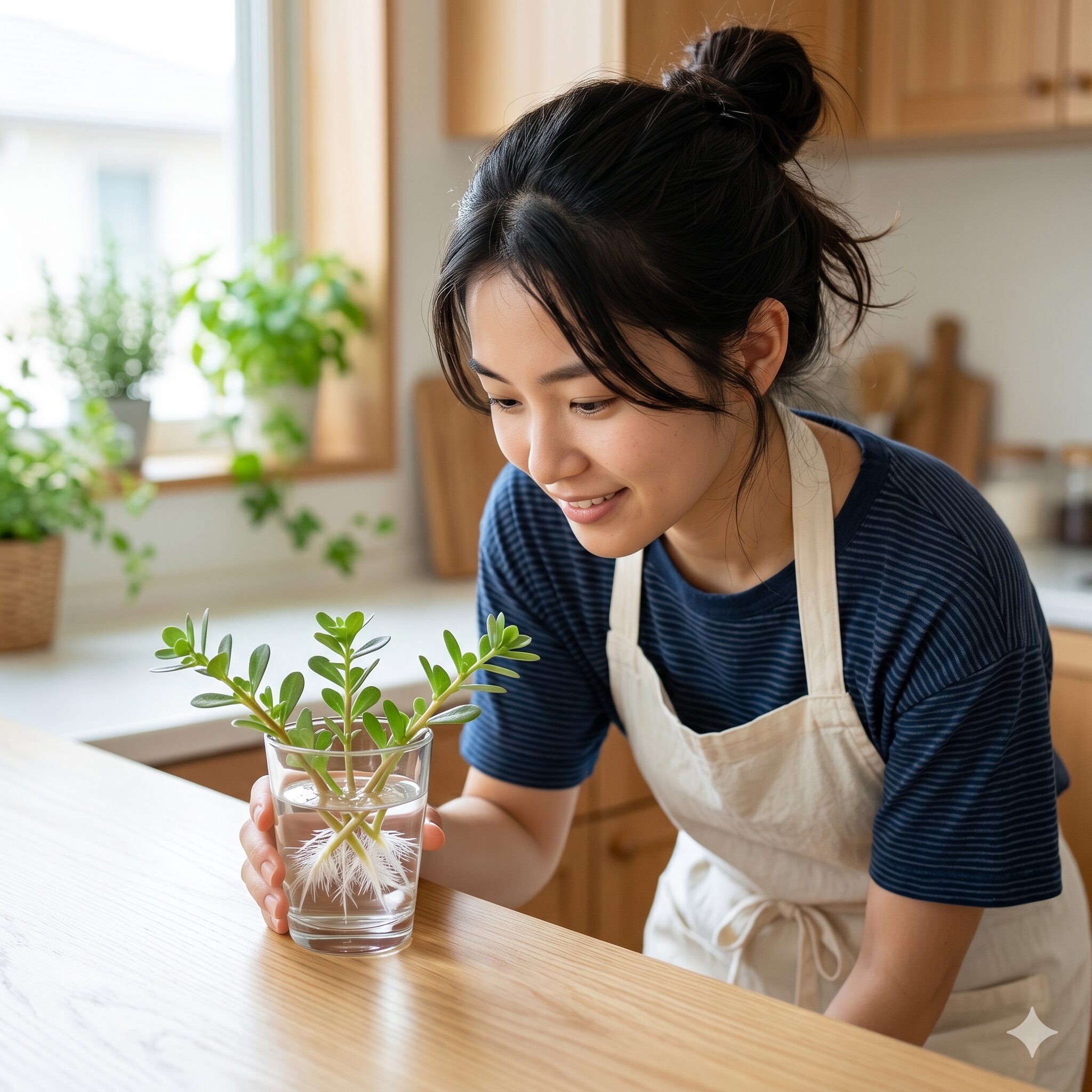 ポーチュラカ 開花 時期6　9月の挿し木作業で水挿しによりわずか数日で白い根が発根したポーチュラカの茎