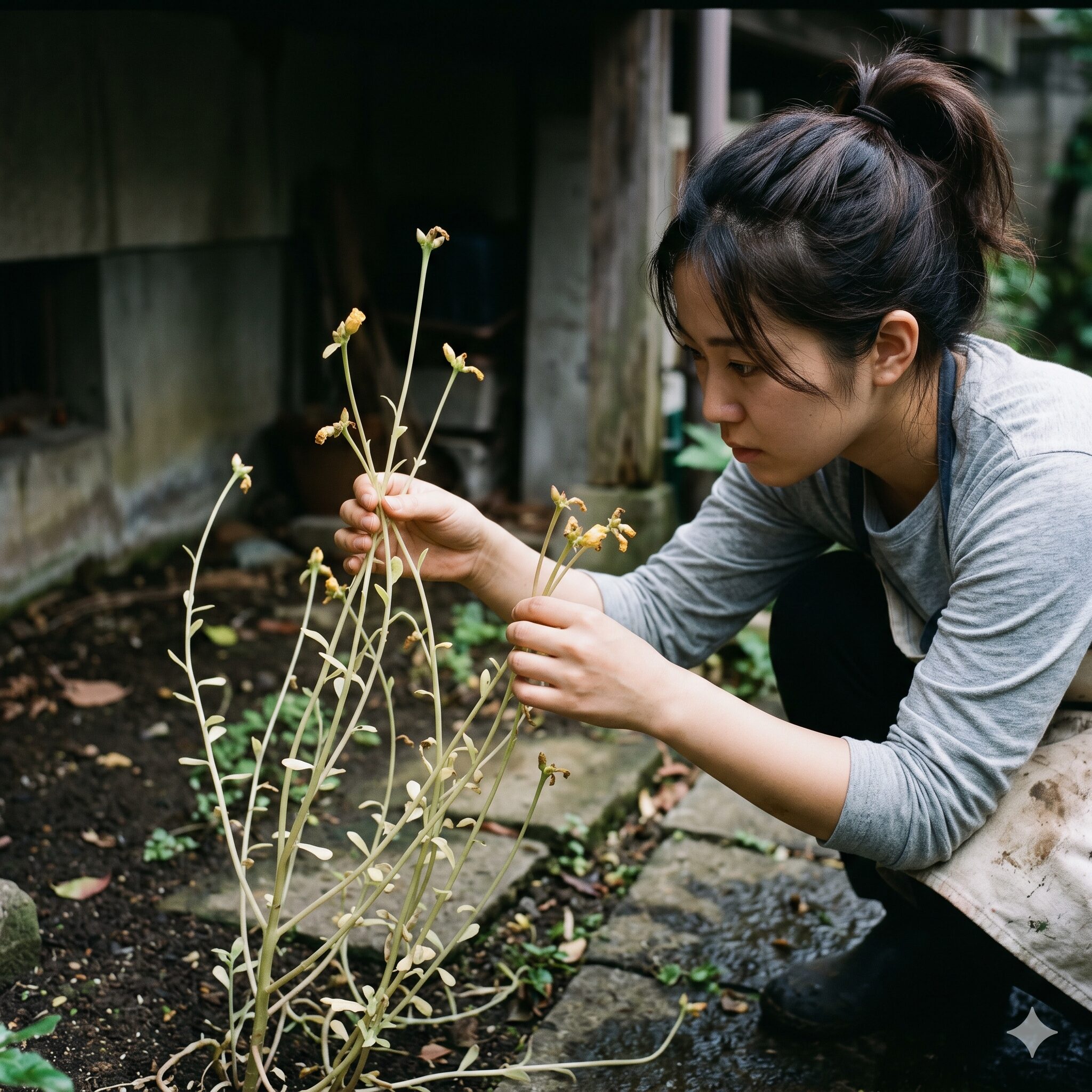 ポーチュラカ 開花 時期9　日当たり不足が原因で茎がひょろひょろと間延びしつぼみが黄色く変色したポーチュラカ