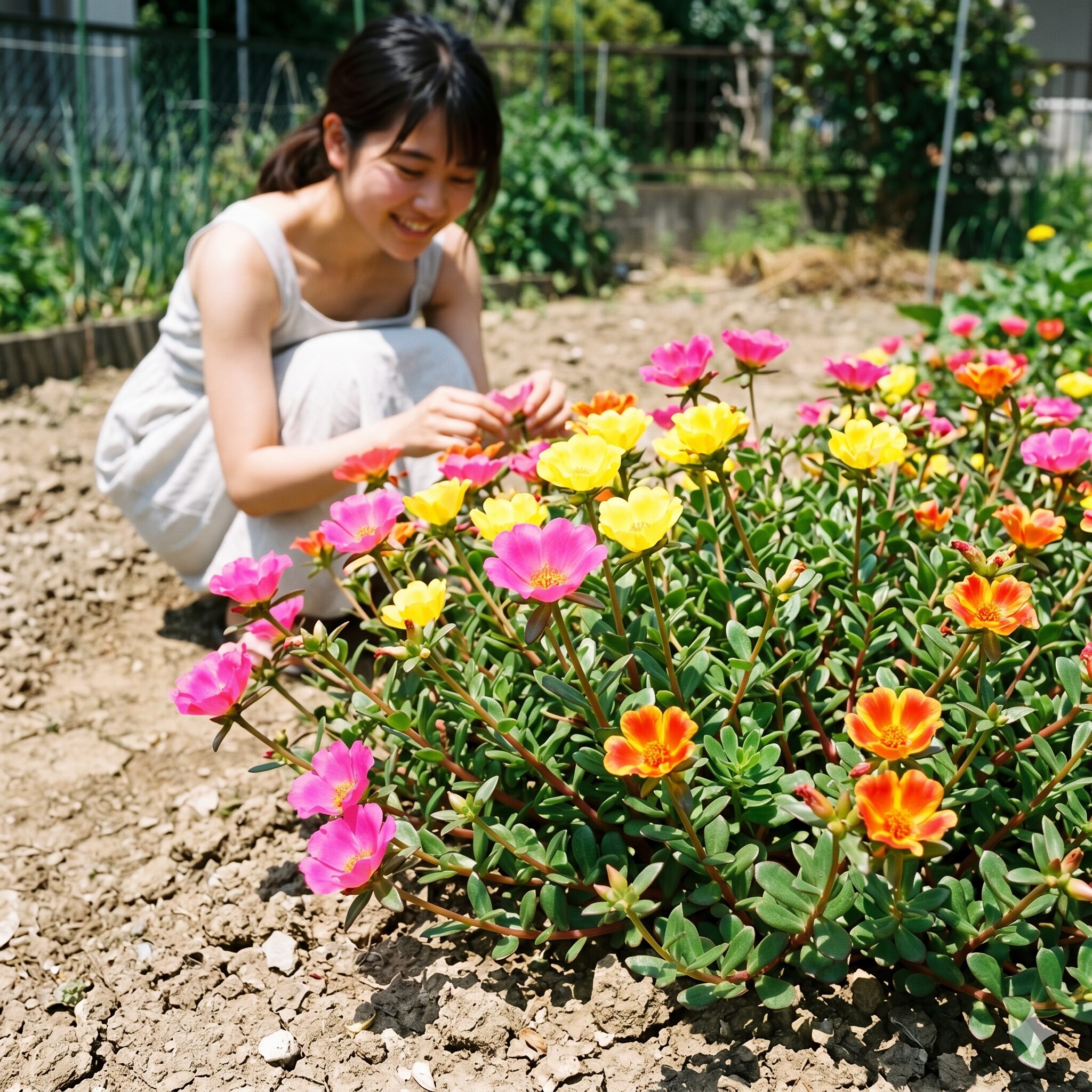 ポーチュラカ植えっぱなし1　夏の強い日差しを浴びてピンクや黄色の色鮮やかな花を咲かせる健康的なポーチュラカのクローズアップ写真
