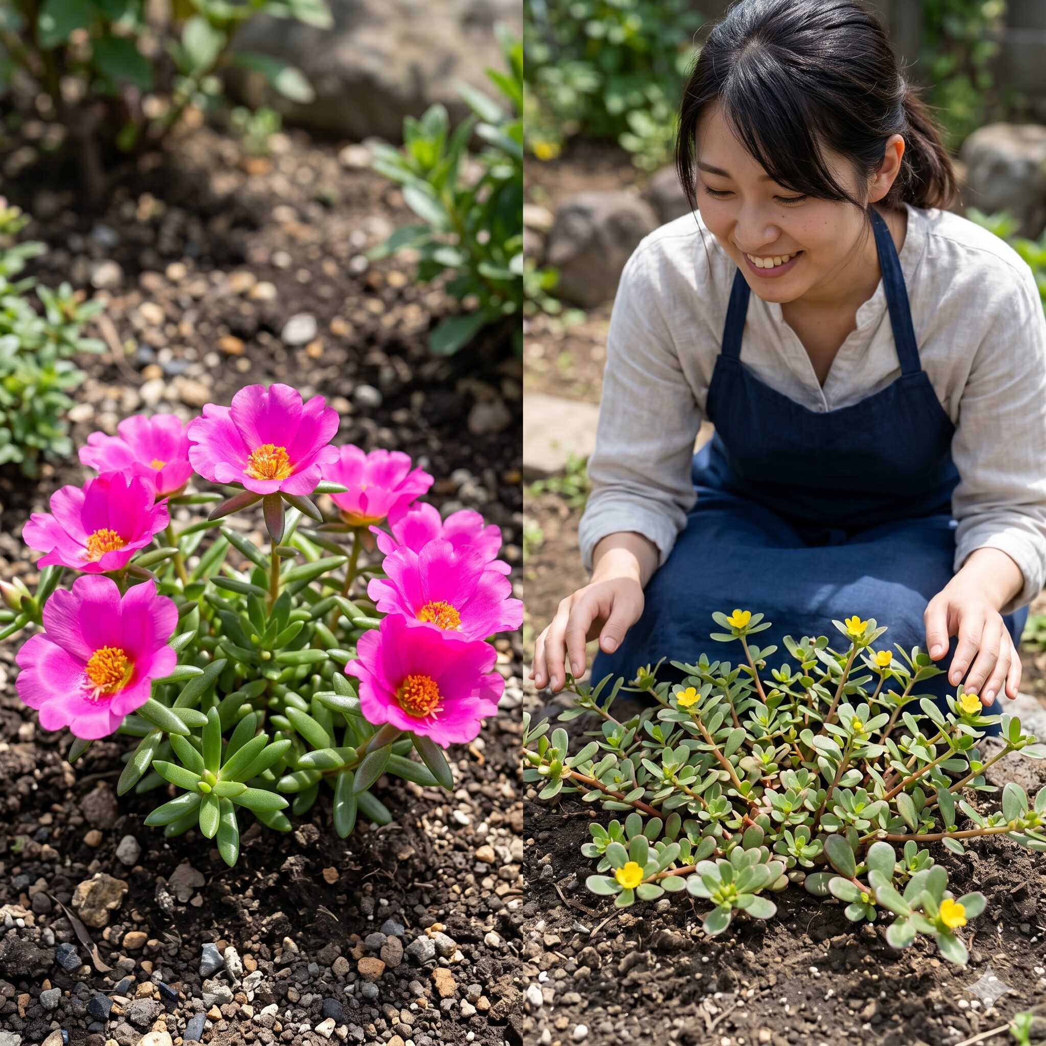 ポーチュラカ植えっぱなし10　大輪のピンクの花が咲く園芸品種ポーチュラカと、数ミリの極小の黄色い花が咲く野生雑草スベリヒユの見分け方・比較
