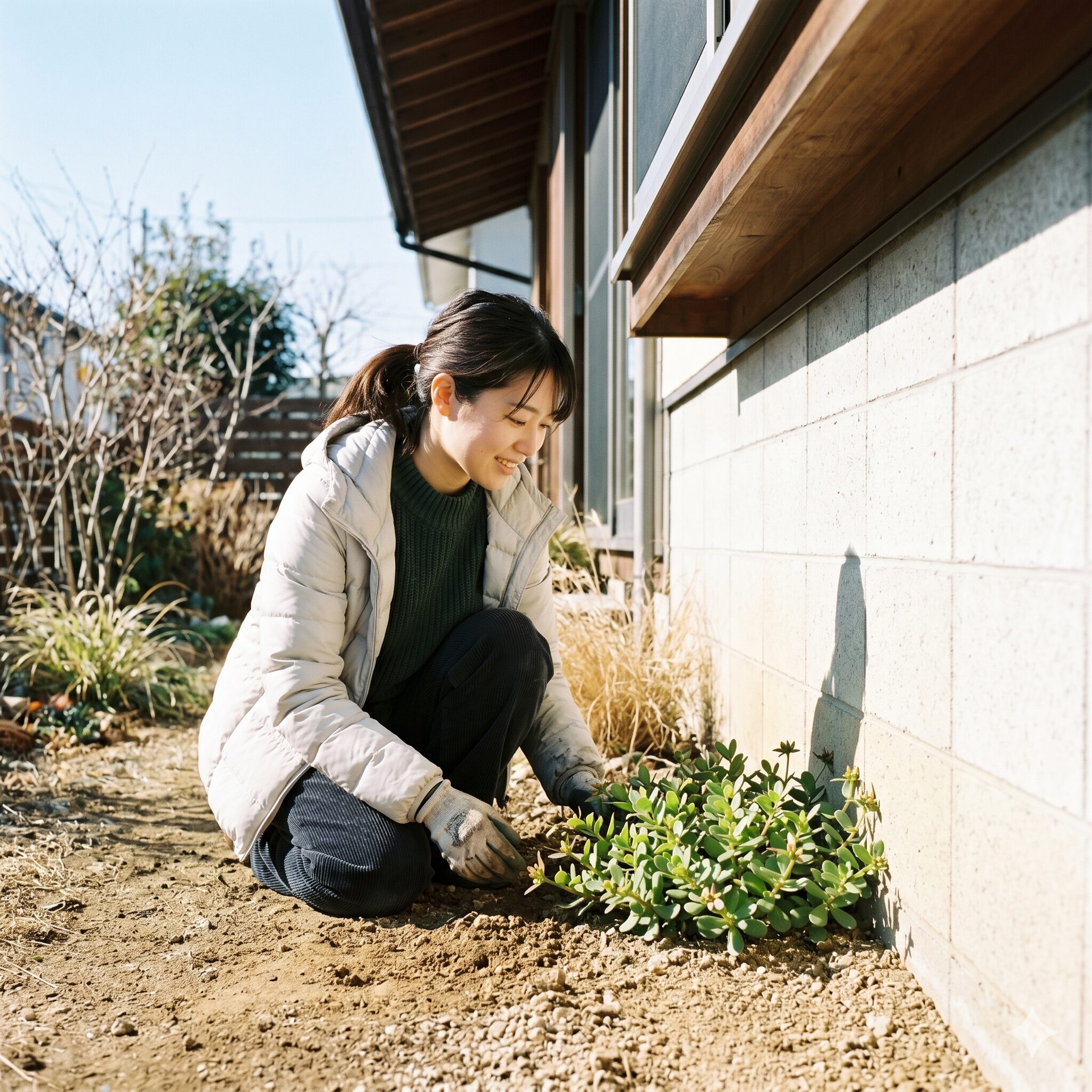ポーチュラカ植えっぱなし3　南向きのコンクリート壁際と軒下に守られ、冬の冷気や霜を避けて屋外で生存するポーチュラカの栽培環境
