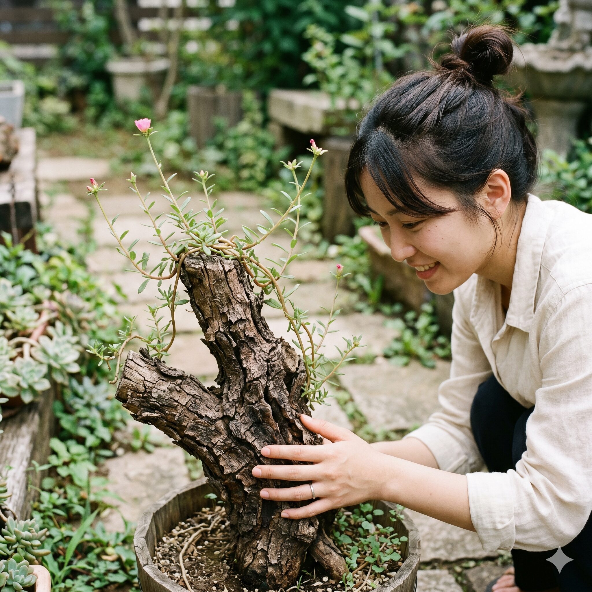 ポーチュラカ植えっぱなし4　年数を経て株元から中心の茎にかけて茶色く硬く木質化したポーチュラカの古株のクローズアップ
