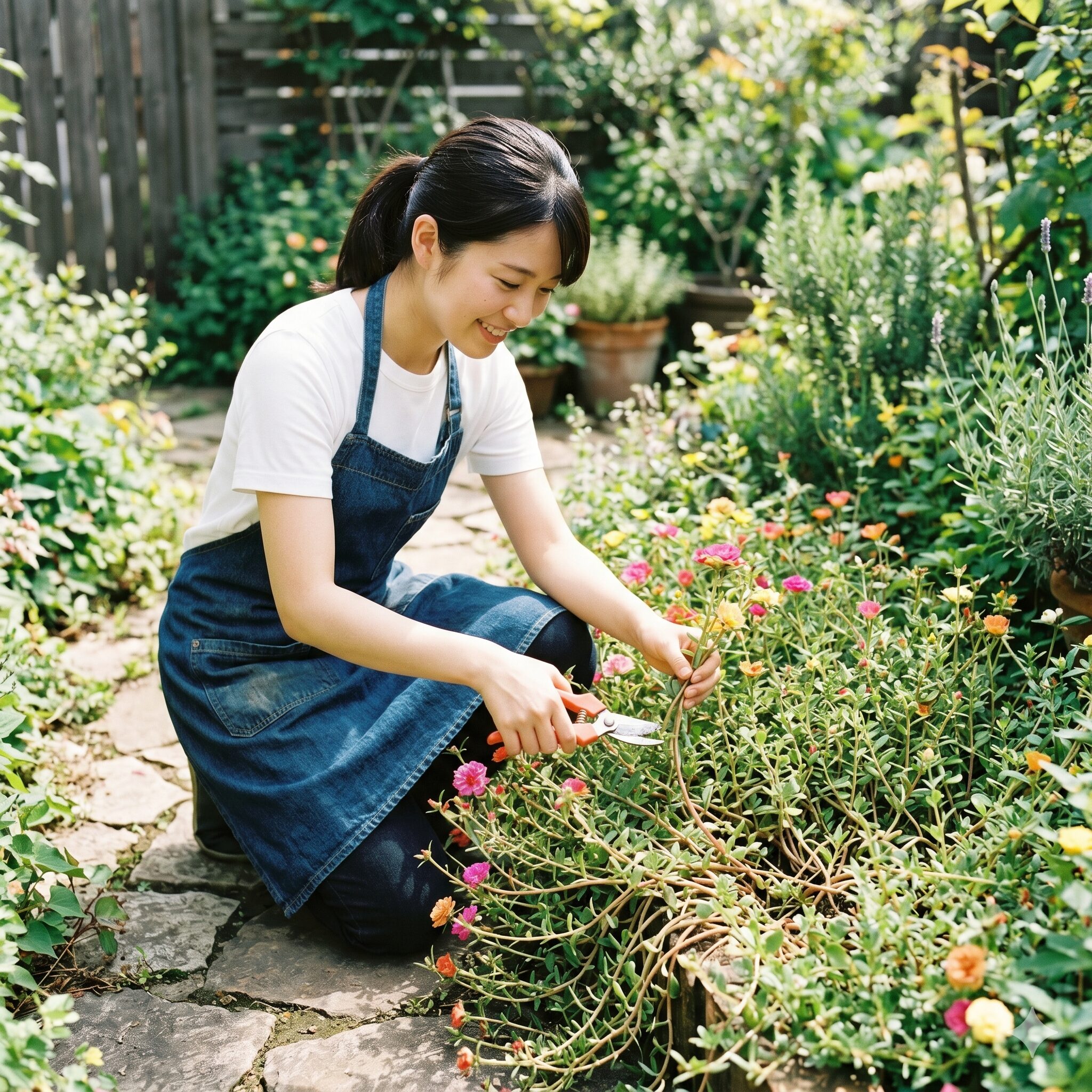 ポーチュラカ植えっぱなし5　夏のお庭でだらしなく伸びたポーチュラカを園芸ハサミで大胆に切り戻し剪定する若い日本人女性
