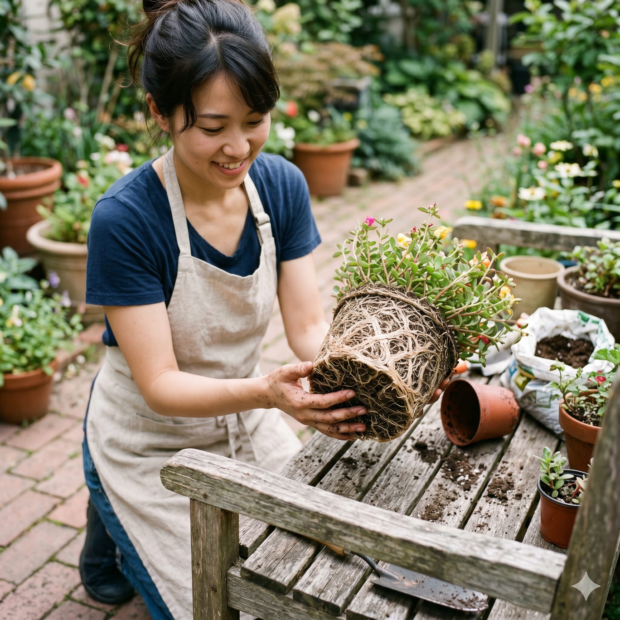 ポーチュラカ植えっぱなし6　鉢の中で根がパンパンに張り、土が見えなくなるほど白く密集したポーチュラカの根詰まり状態の根鉢
