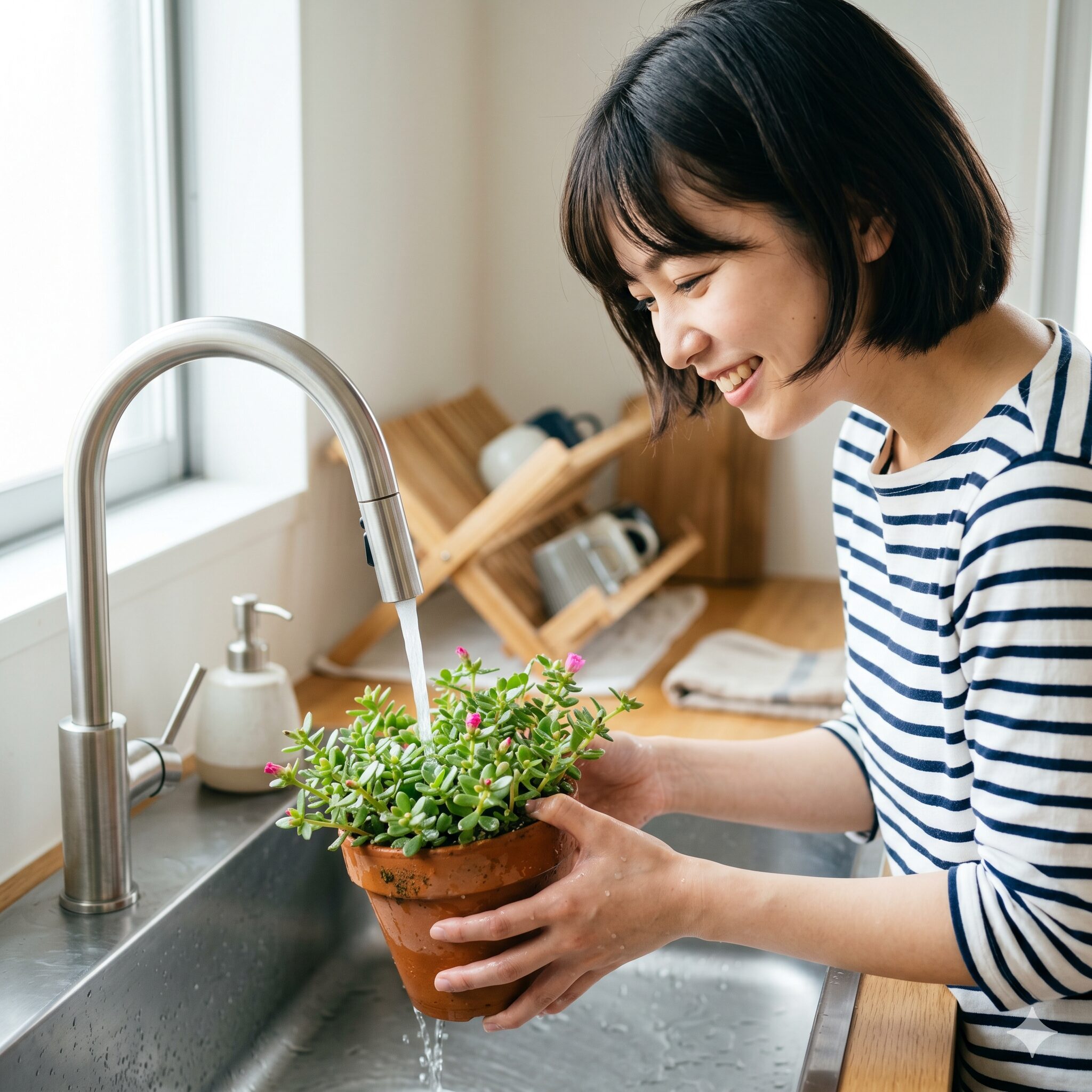 ポーチュラカ植えっぱなし7　室内へ退避させる前にシャワーの水流で葉の裏や土の表面についた害虫をきれいに洗い流す様子
