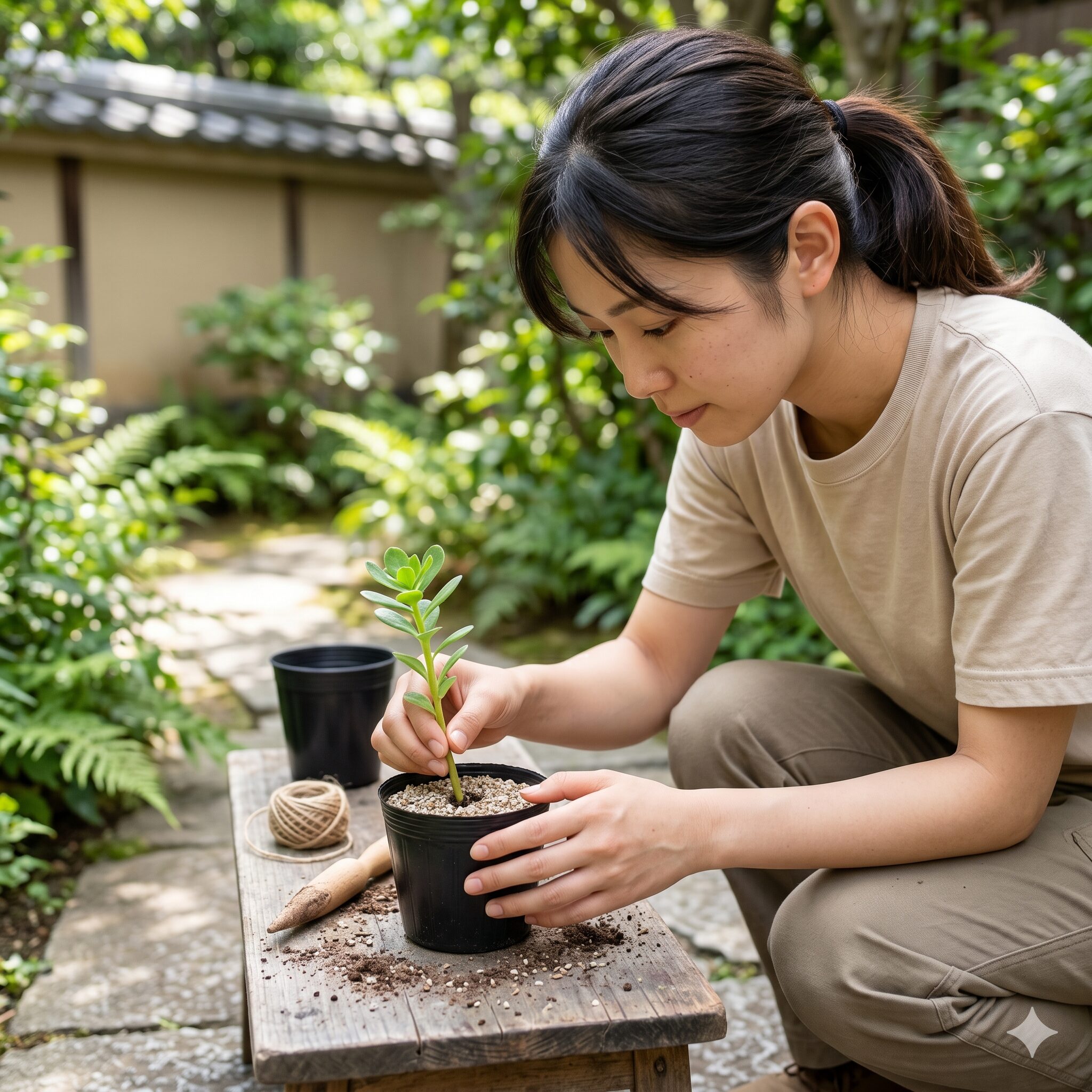 ポーチュラカ植えっぱなし8　下半分の葉を取り除いたポーチュラカの挿し穂を清潔な挿し木用土に優しく挿し込む手順
