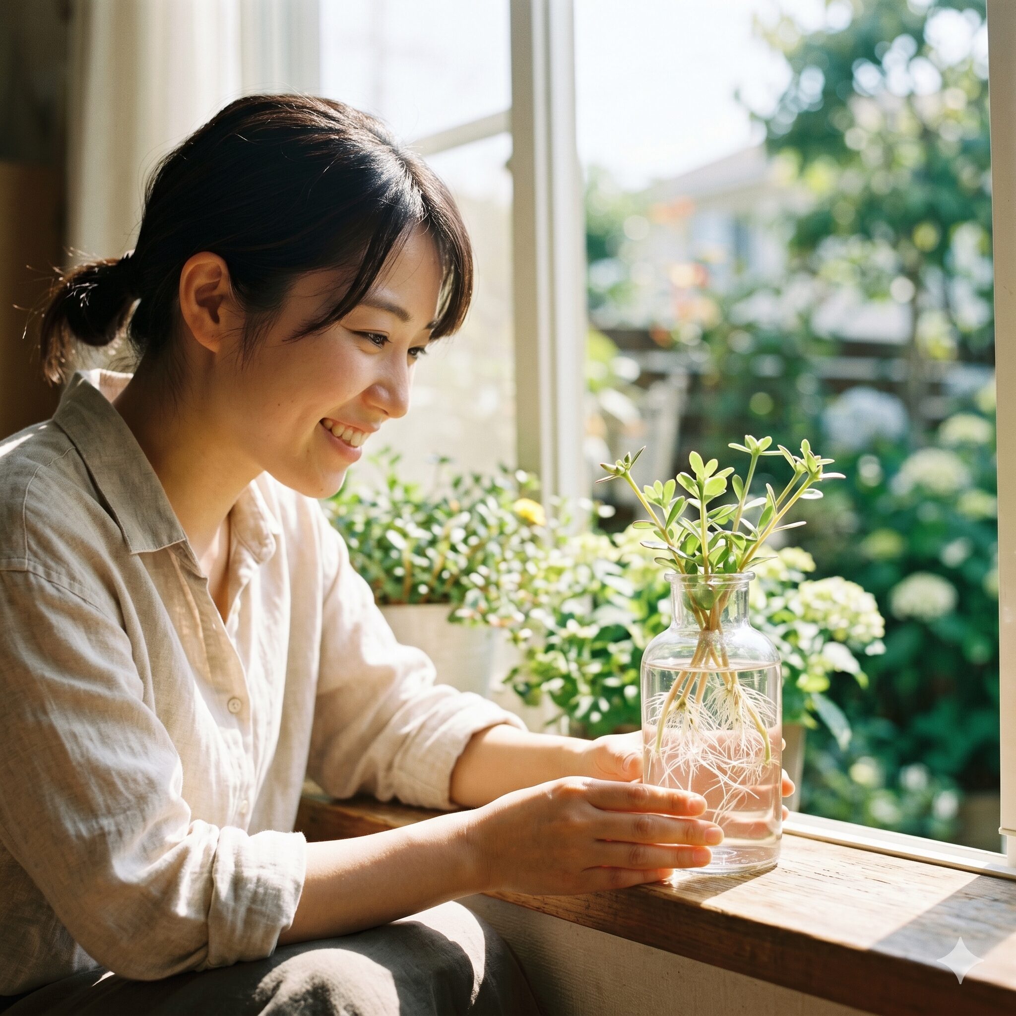 ポーチュラカ植えっぱなし9　小さなガラス瓶の水の中で数日後に透明感のある新しい白い根をたくさん伸ばしたポーチュラカの水挿し
