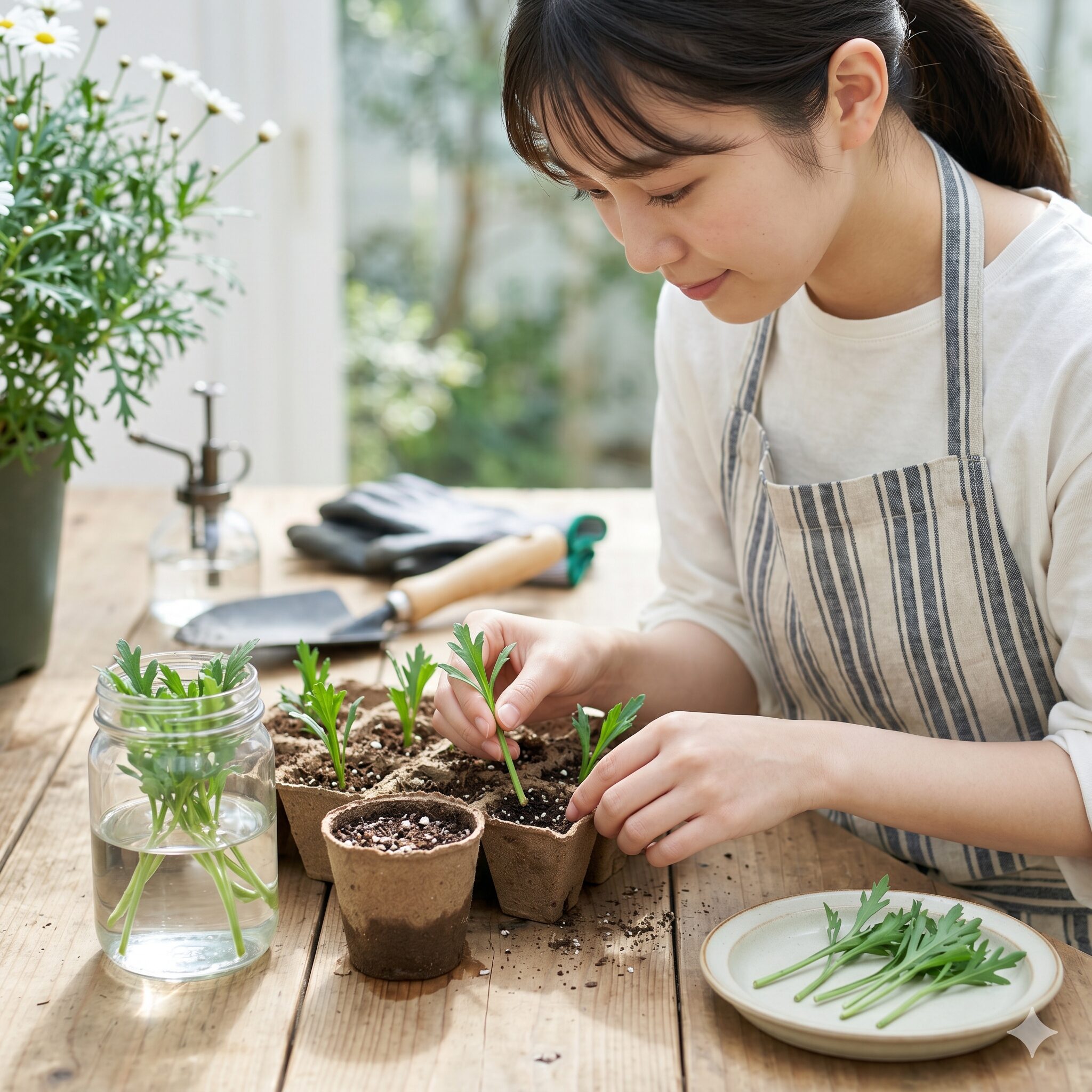 マーガレット 切り戻し 6月10　6月の切り戻し枝を調製して清潔な土に挿すマーガレットの挿し木の手順

