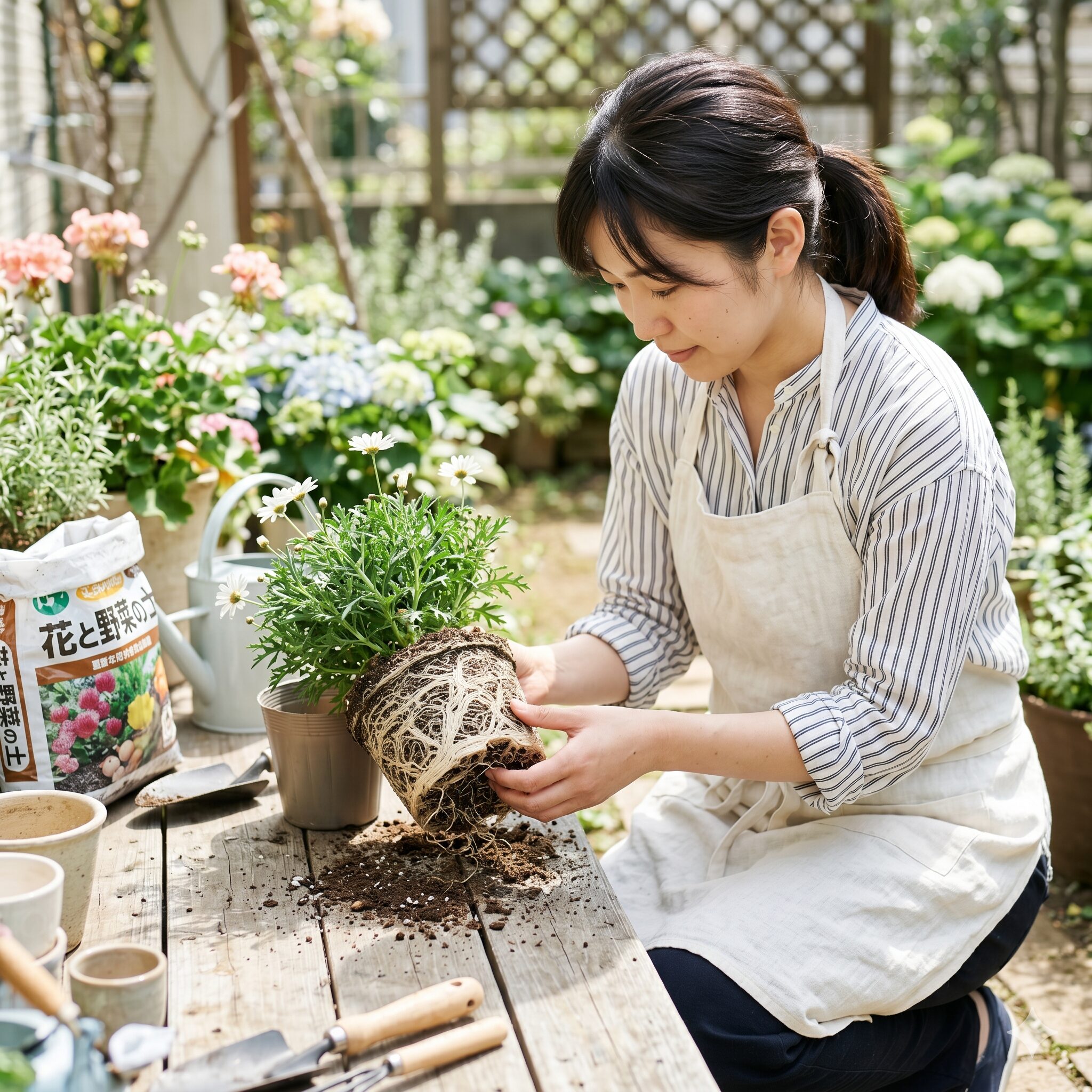 マーガレット 切り戻し 6月4　マーガレットの植え替え時に根詰まりした鉢底の白い根を3分の1ほどほぐす様子