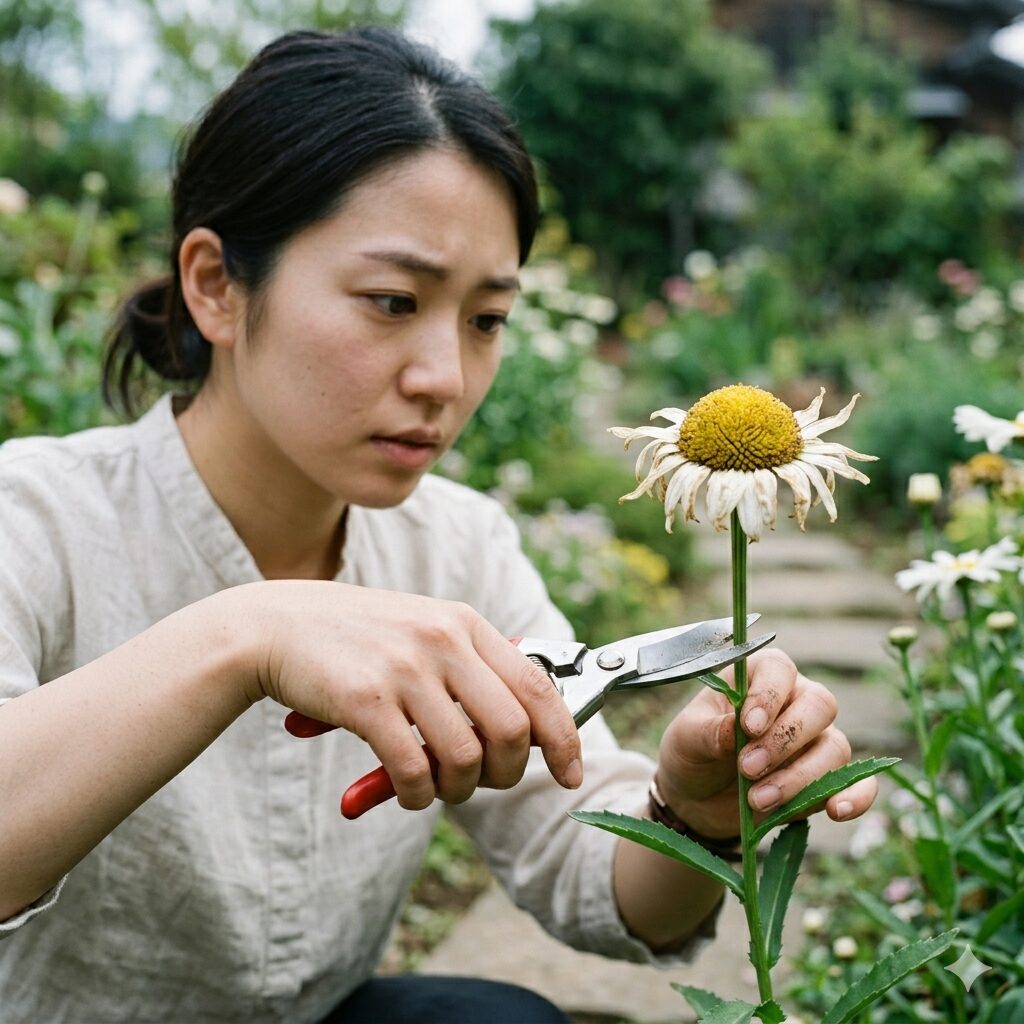 マーガレット 切り戻し 6月6　中心が盛り上がったマーガレットの古い花がらを葉のすぐ上で摘み取るハサミの位置
