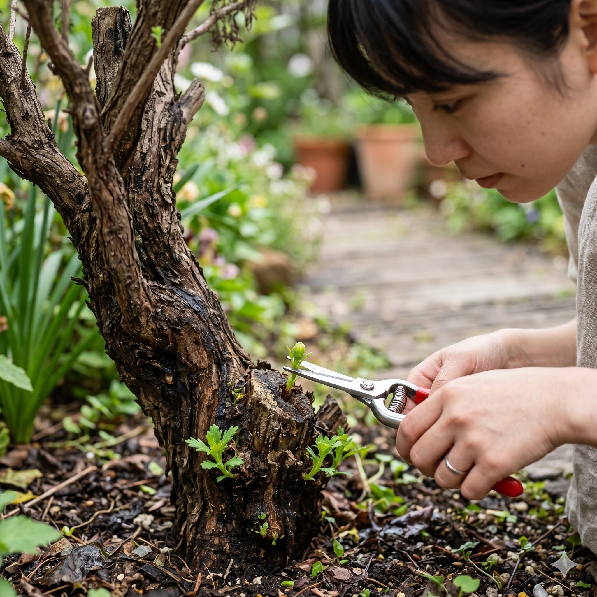 マーガレット 切り戻し 6月8　木質化したマーガレットの茶色い古い幹から出た小さな緑の新芽の直上を切る強剪定
