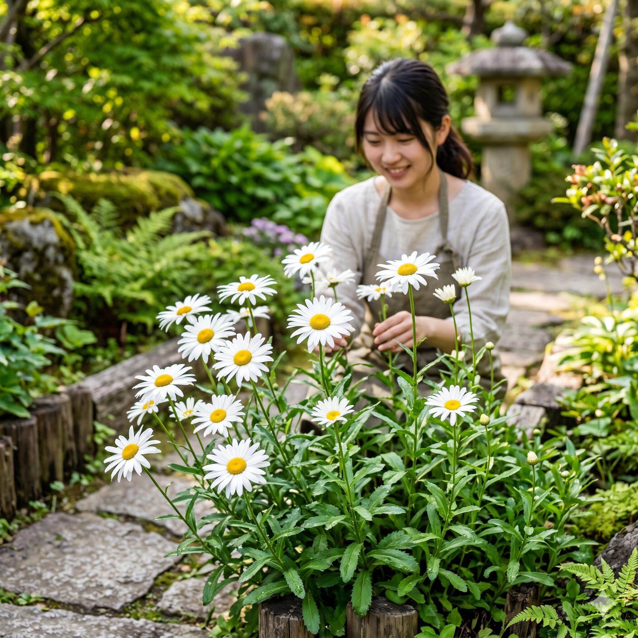 マーガレットに似た花 多年草1　日本の庭園で元気に咲くマーガレットに似た多年草の美しい風景