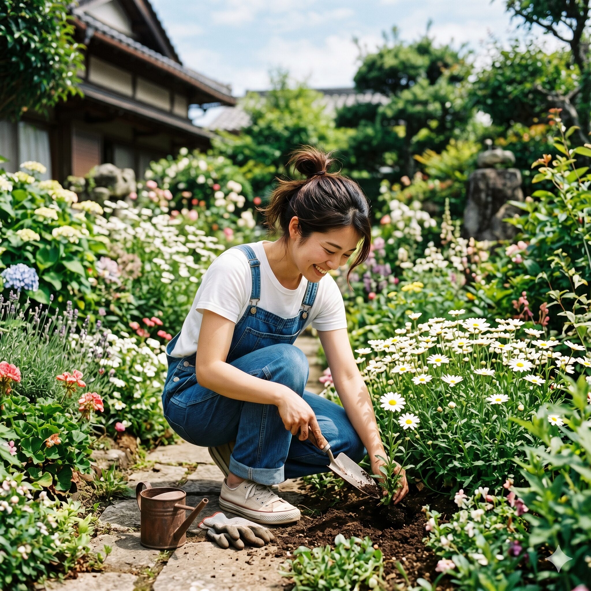 マーガレットに似た花 多年草2　庭仕事を楽しむ日本人女性と元気に育つ宿根草の花壇