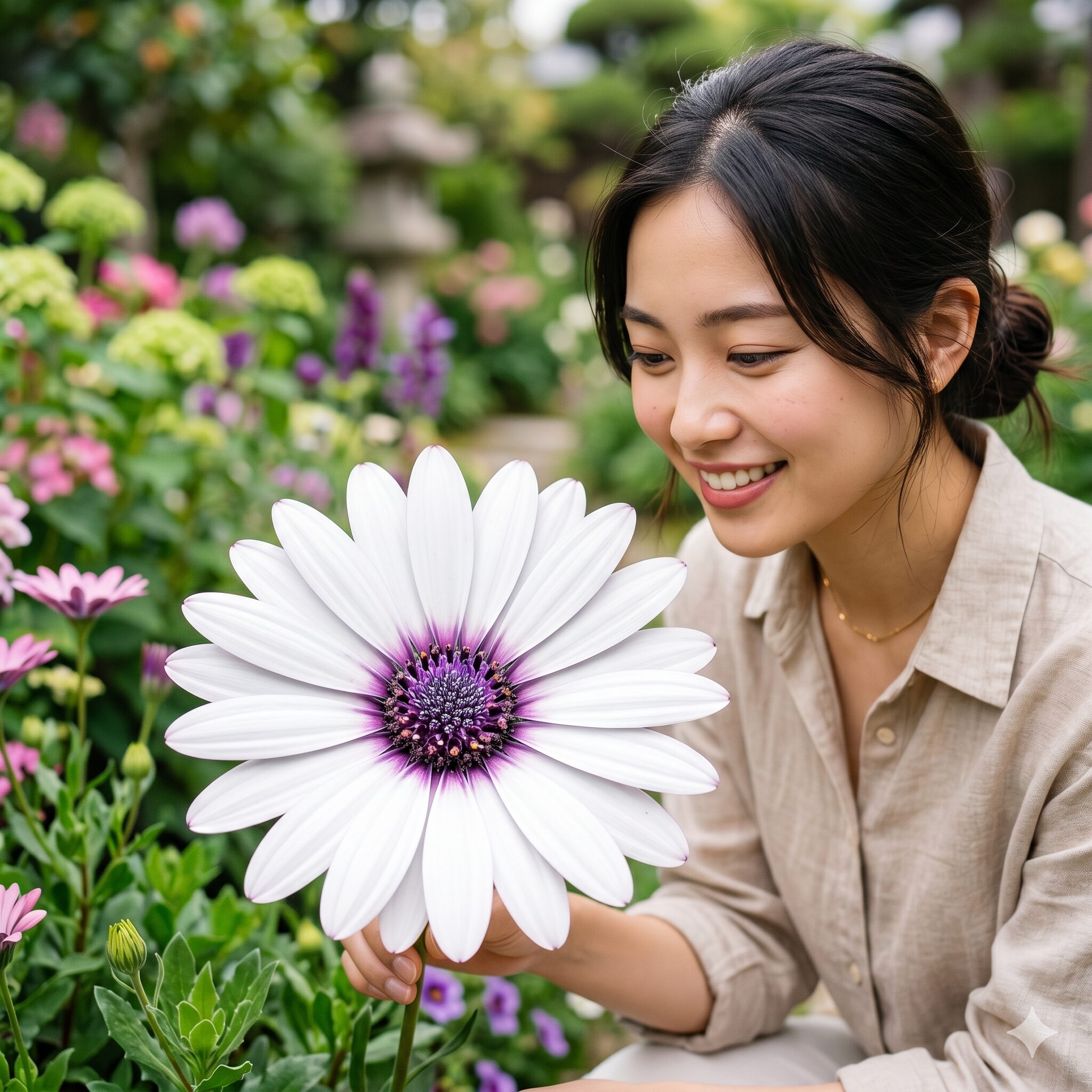 マーガレットに似た花 多年草8　特徴的なダークカラーの花芯を持つオステオスペルマム
