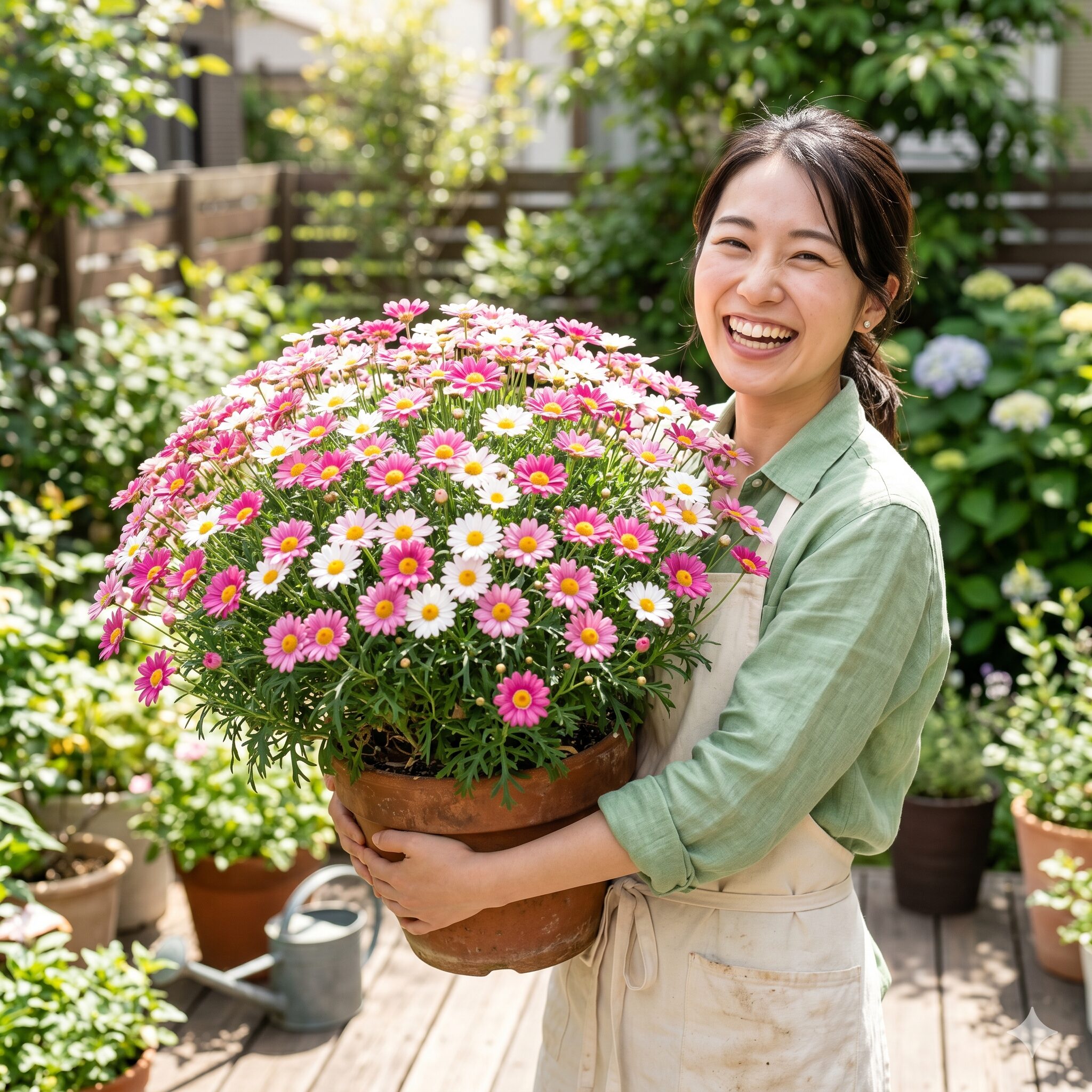 マーガレット寿命1　満開の美しいマーガレットの鉢植えを笑顔で持つ若い日本人女性のイメージ画像