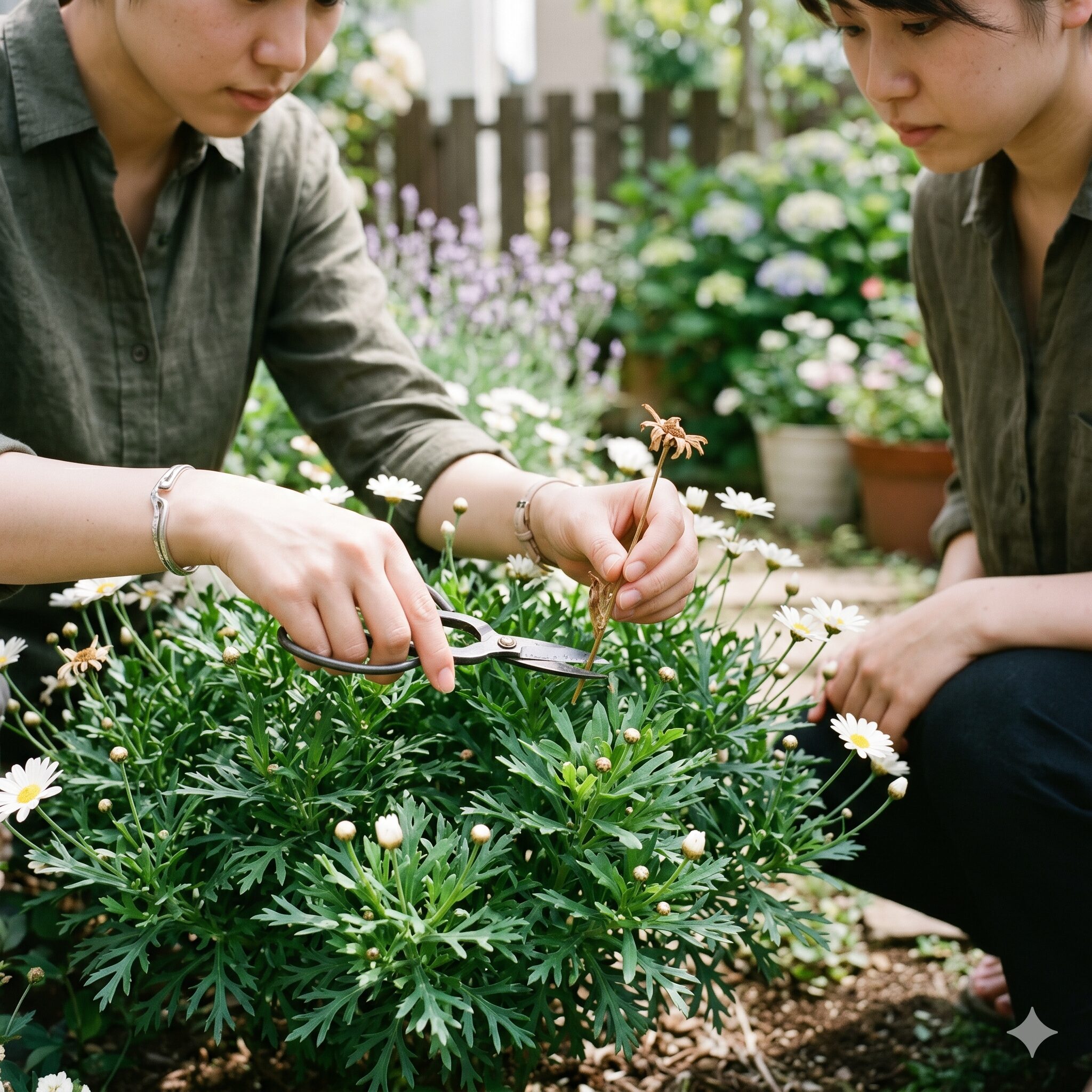 マーガレット寿命9 新しい蕾のために咲き終わったマーガレットの花がらを茎の根本から摘み取る作法