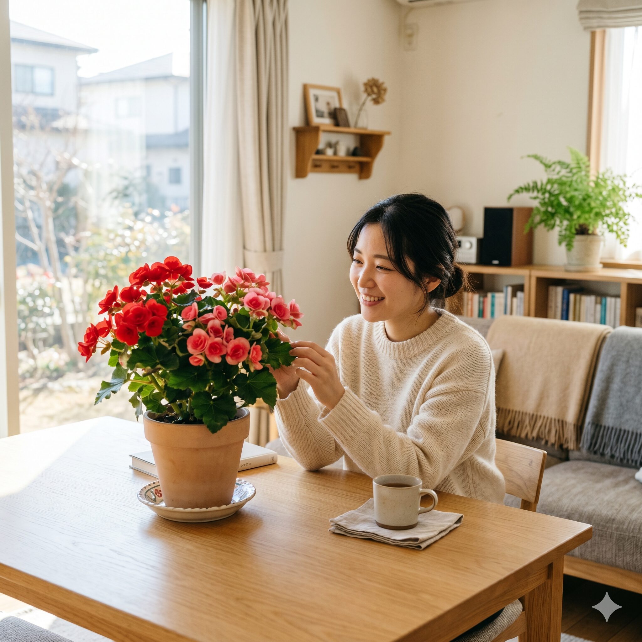 リーガー ス ベゴニア 冬 越し1　冬の室内で鮮やかに咲くリーガースベゴニアと、それを見守る笑顔の日本人女性