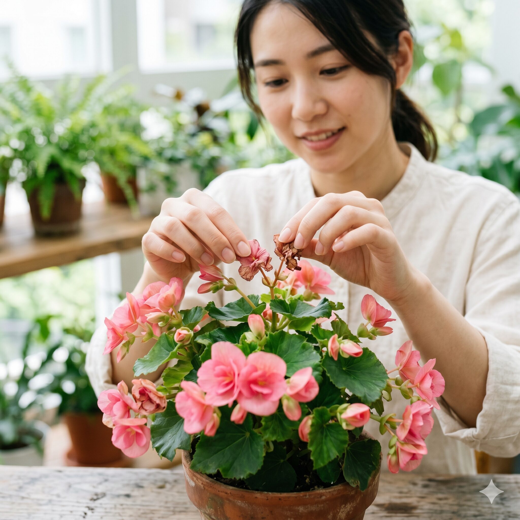 リーガー ス ベゴニア 冬 越し8　灰色かび病予防のためにリーガースベゴニアの花がらを摘み取るメンテナンス
