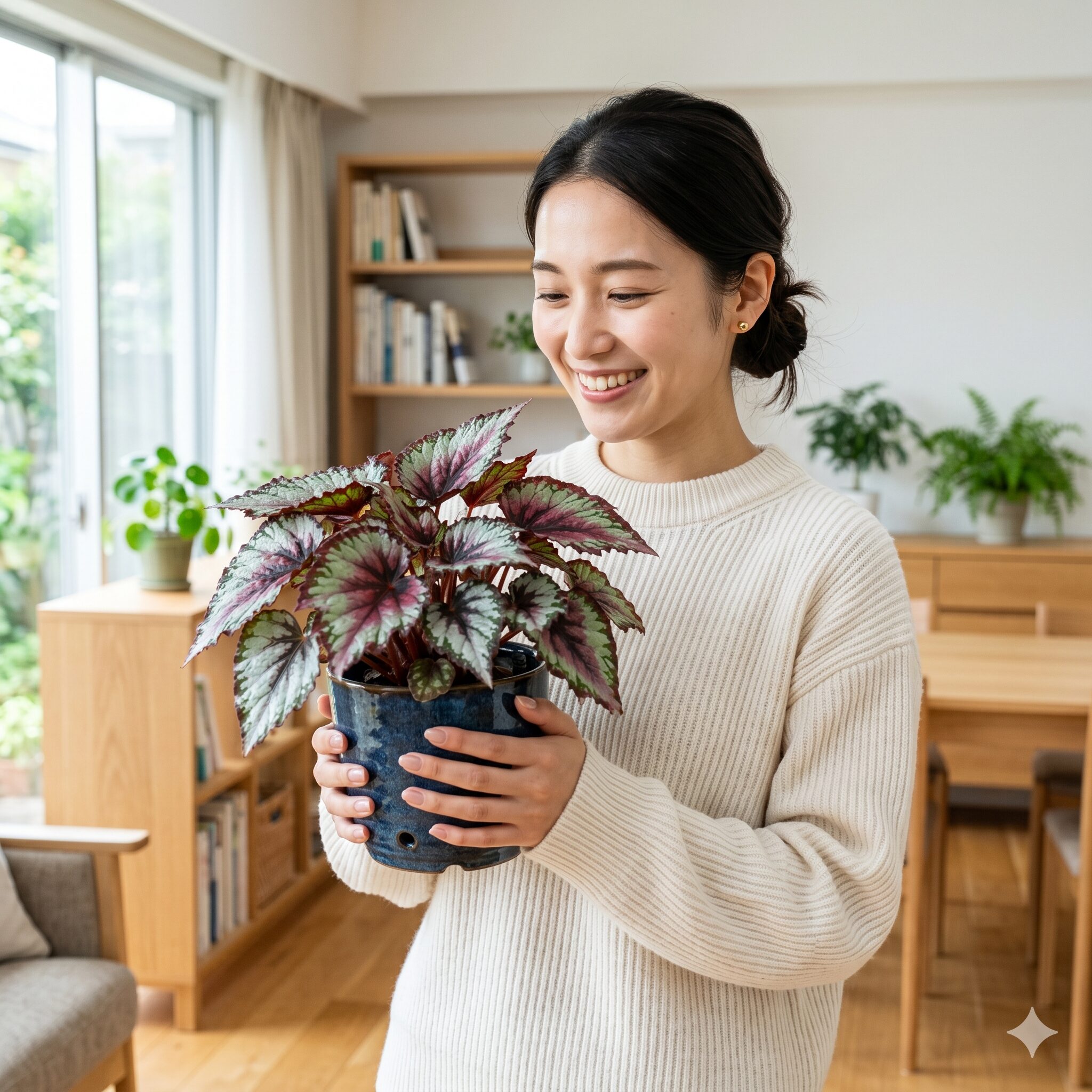 レックス ベゴニア 難しい1　室内でレックスベゴニアの鉢を抱え、穏やかに微笑む若い日本人女性。観葉植物のある暮らしのイメージ。