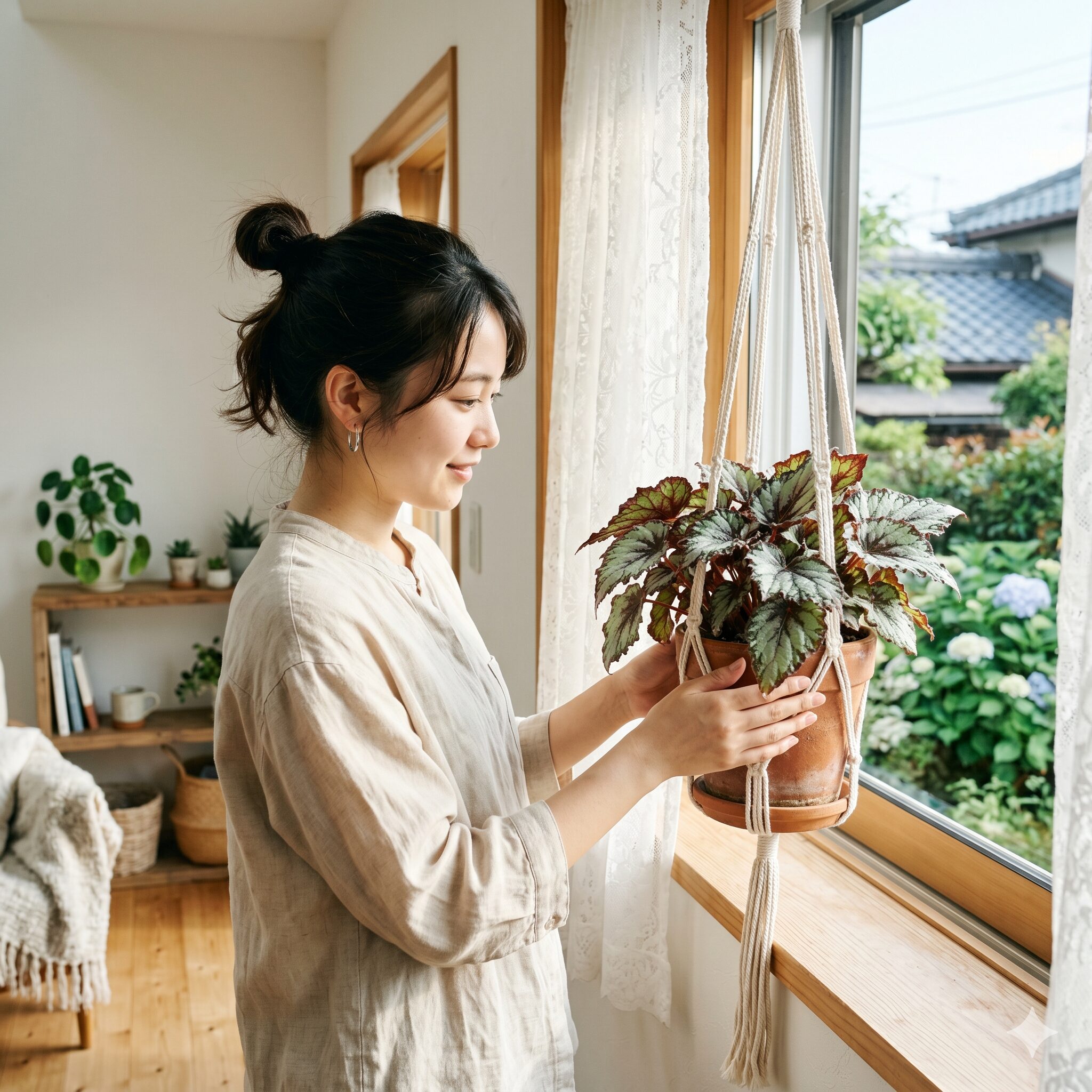 レックス ベゴニア 難しい3　窓辺でレックスベゴニアの鉢を回し、日光の当たり方を均一にする日本人女性。