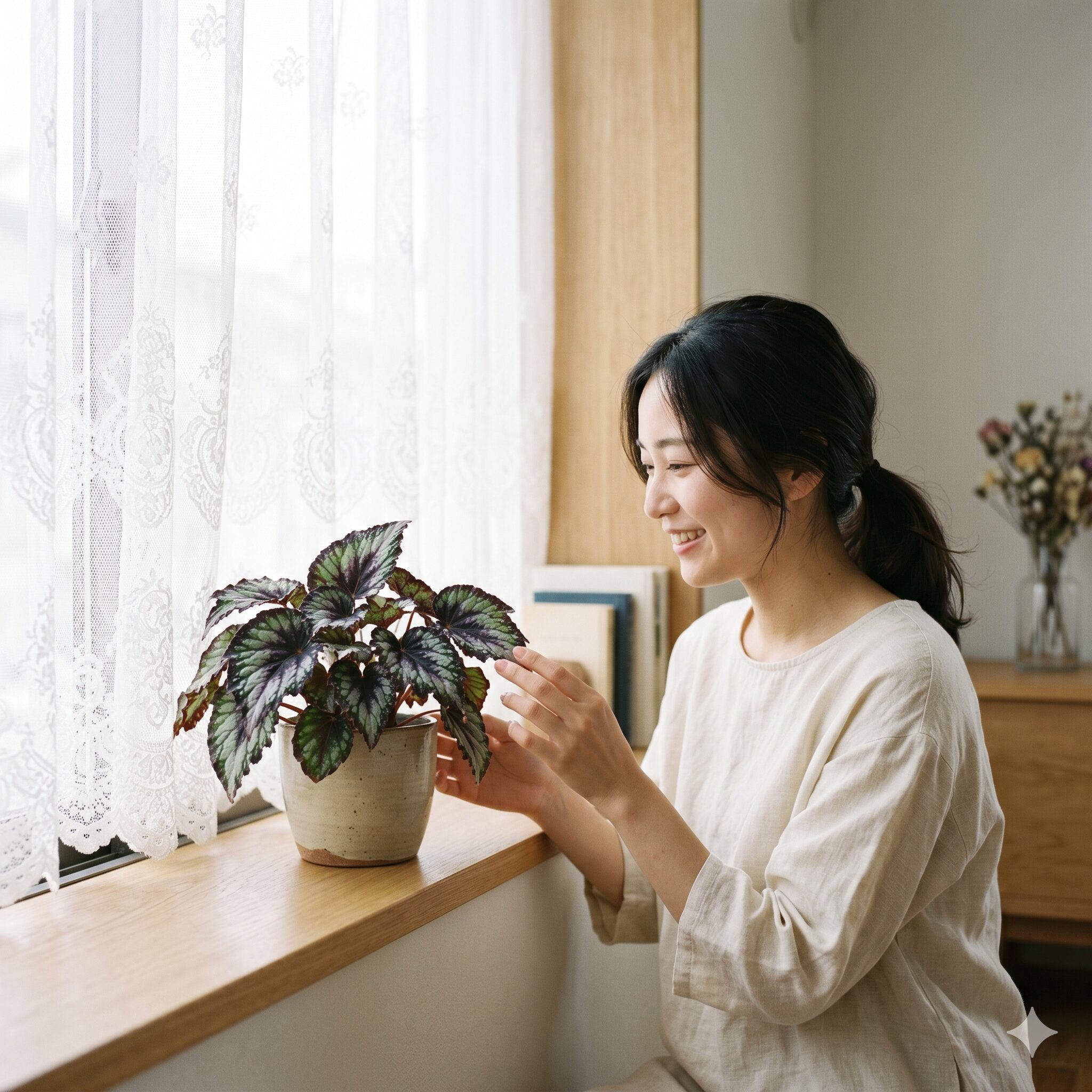 レックス ベゴニア 難しい4　レースのカーテン越しに柔らかな光を受けるレックスベゴニア。適切な日陰管理の例。