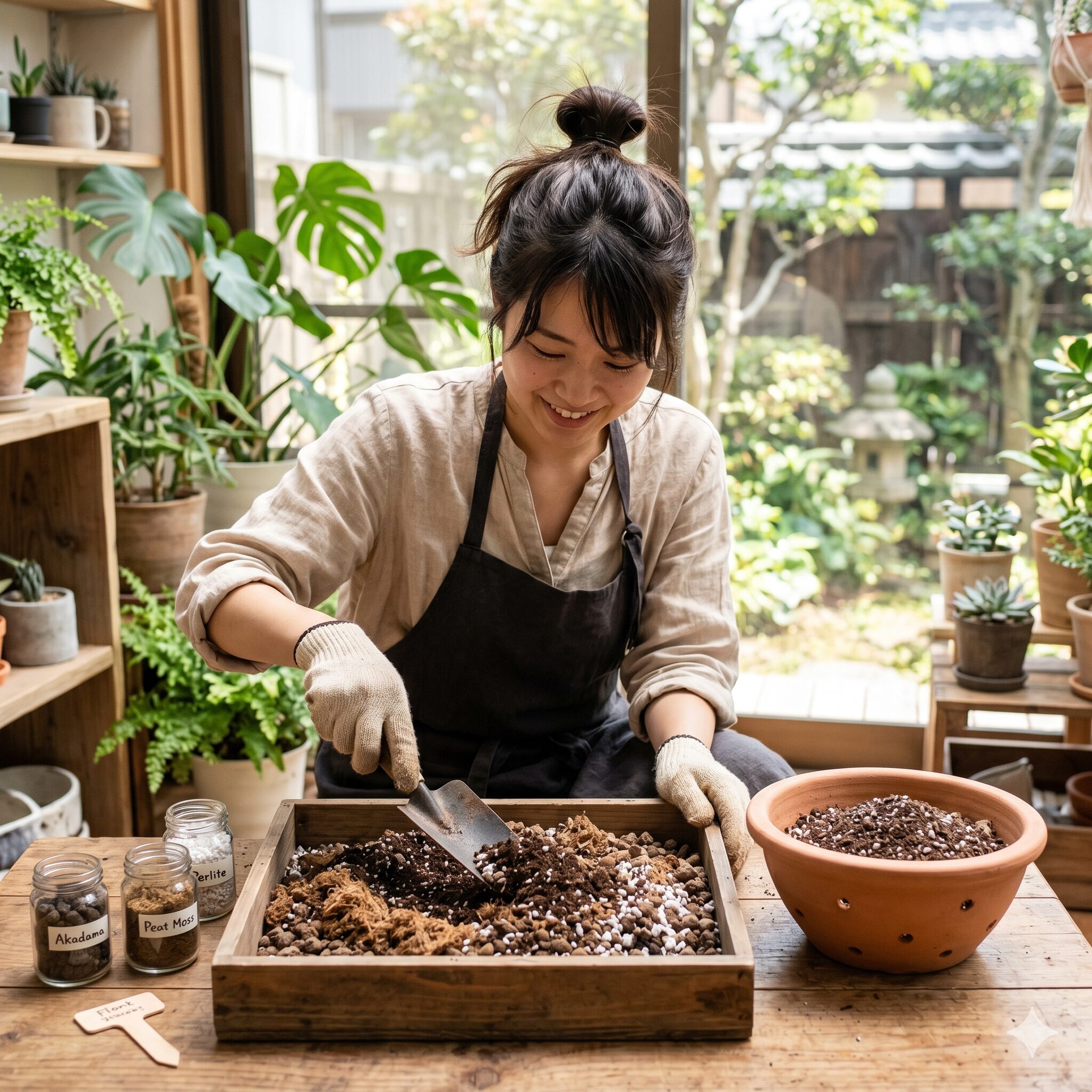 レックス ベゴニア 難しい6　レックスベゴニア用に排水性の高い土をブレンドする日本人女性とテラコッタ鉢。