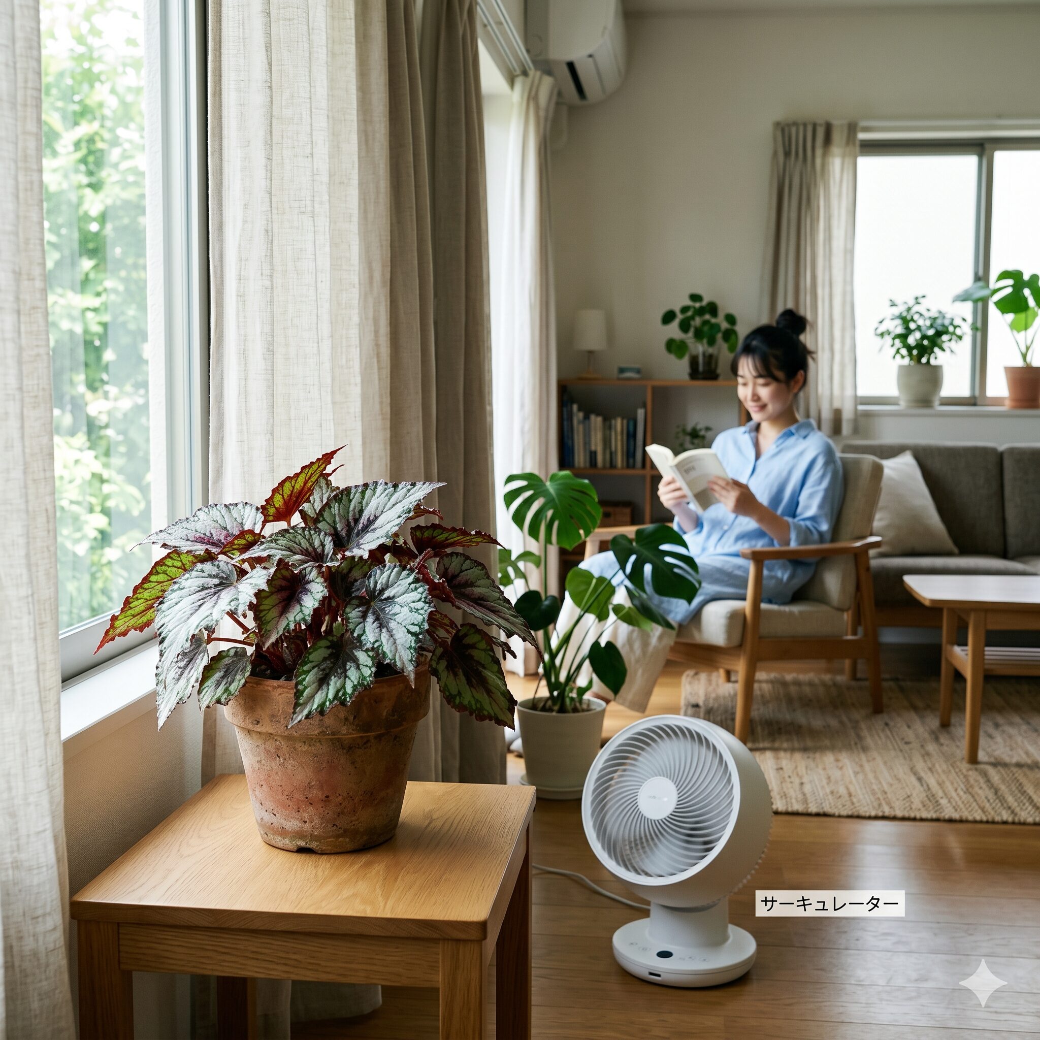 レックス ベゴニア 難しい7　夏の蒸れ対策としてサーキュレーターで空気を循環させているレックスベゴニアの置き場所。