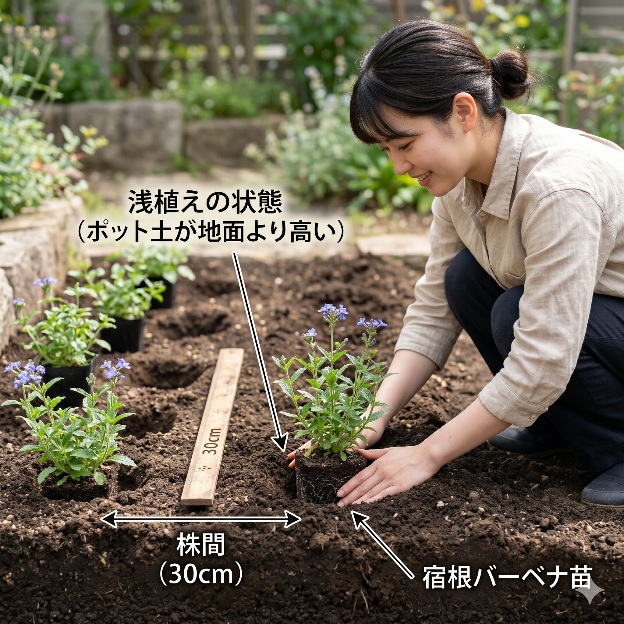 宿根 バーベナ 地 植え6　宿根バーベナの苗を適切な株間で浅植えする様子