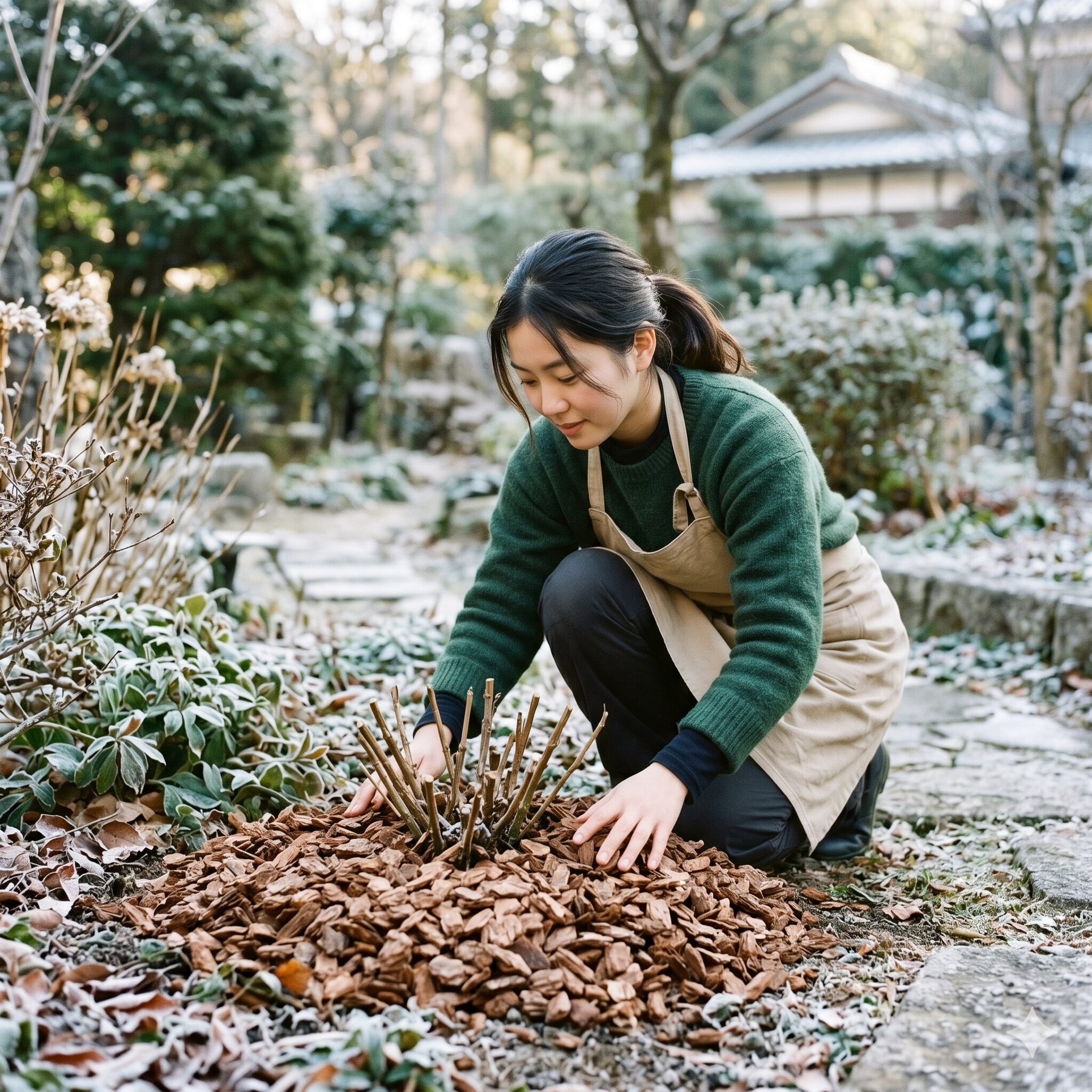 宿根 バーベナ 地 植え9　宿根バーベナの冬越し準備（株元のバークチップによるマルチング）