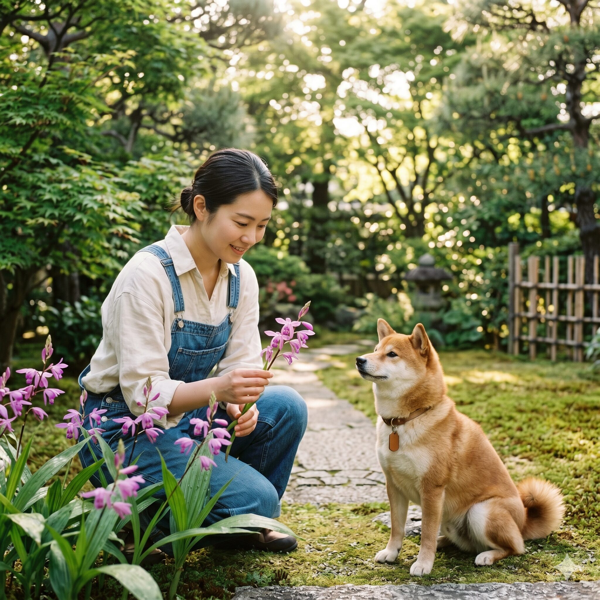 紫蘭 毒性1　自宅のお庭で犬と一緒に紫蘭（シラン）の美しい花を観察して楽しむ若い日本人女性のイメージ写真。植物の毒性とペットへの安全性、正しい栽培知識を網羅した解説記事。