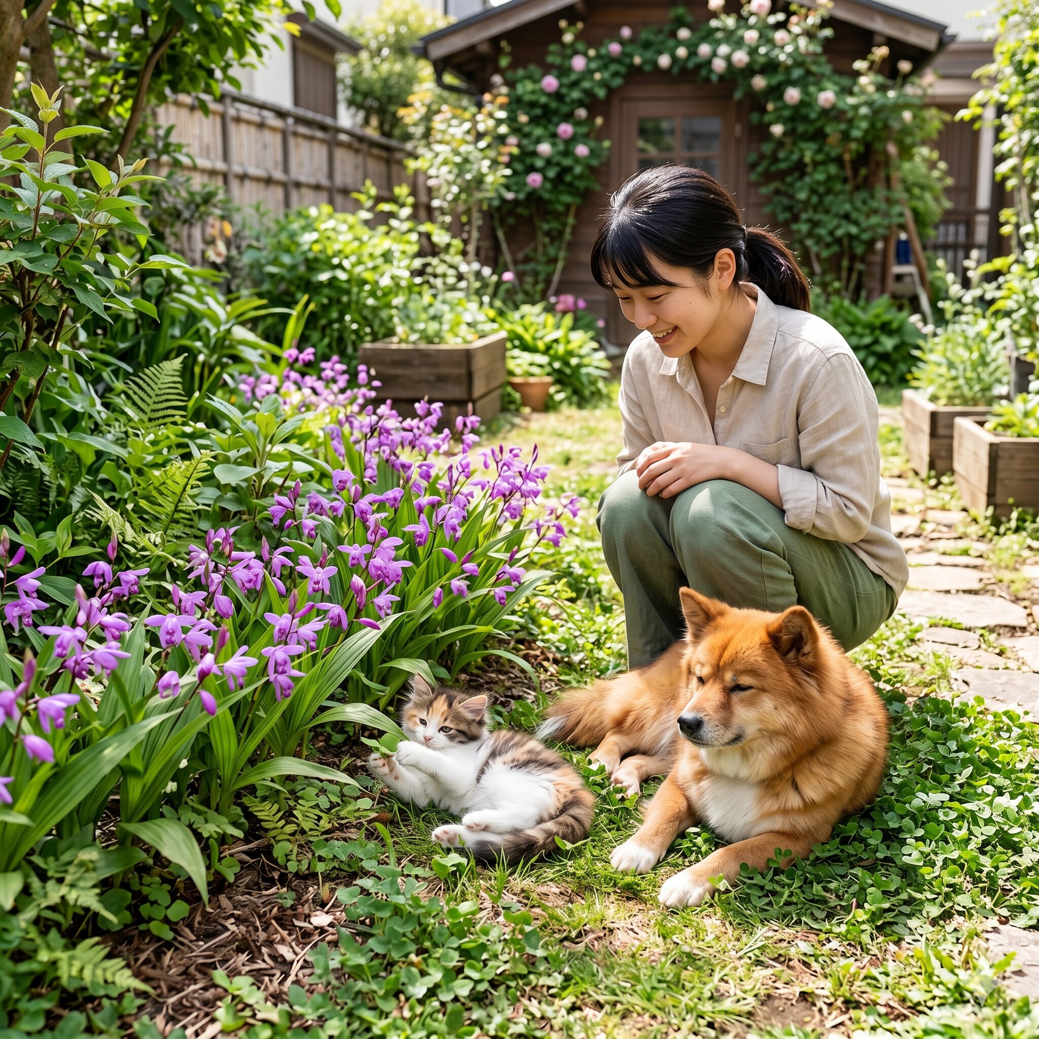 紫蘭 毒性2 犬や猫などの愛玩動物に対して完全無毒であり、誤食による急性中毒の心配がないラン科の植物「紫蘭(シラン)」が咲くお庭の風景。