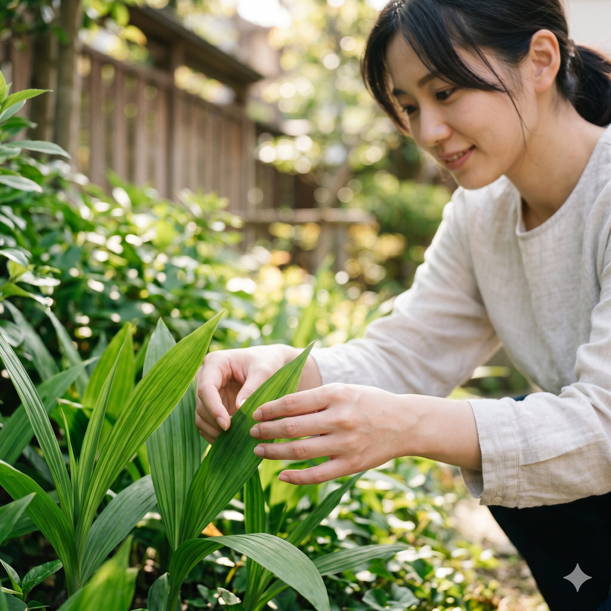 紫蘭 毒性3 皮膚炎を誘発する刺激性物質や鋭い棘を持たない安全な紫蘭(シラン)の葉を、素手で優しくメンテナンスする若い日本人女性の手元。