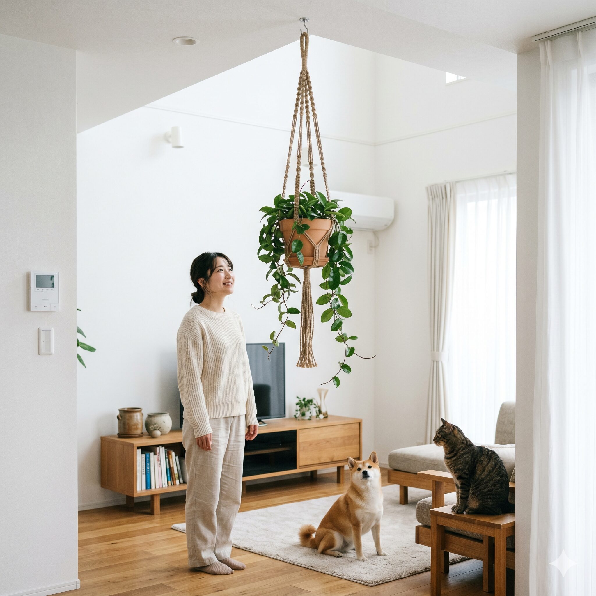 紫蘭 毒性6 室内飼育のペットによるイタズラや鉢のひっくり返し、一過性の消化不良を防ぐために天井からおしゃれにハンギングされた観葉植物のサクララン。