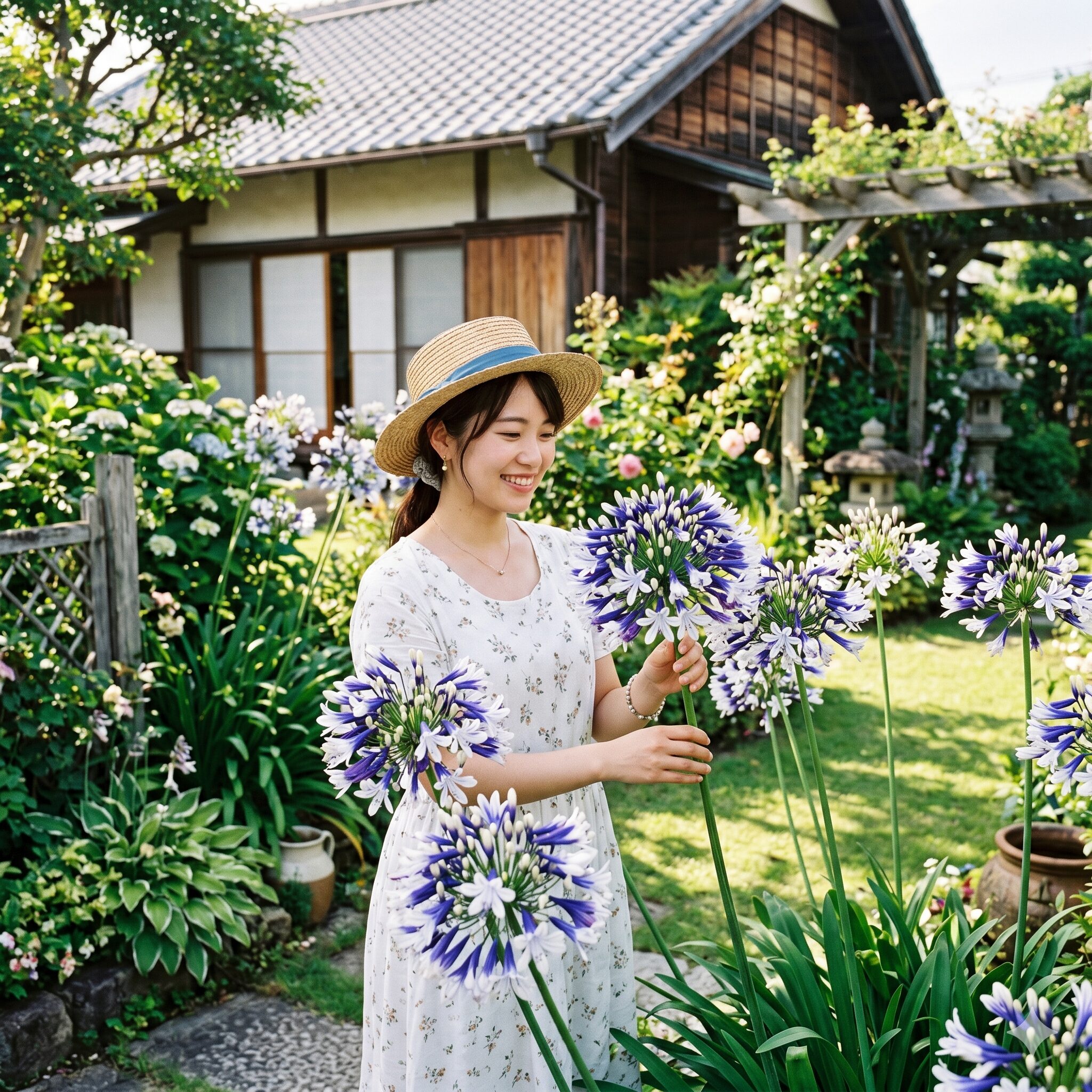 アガパンサス ファイヤーワークス1　初夏のお庭で満開に咲くバイカラーのアガパンサスファイヤーワークスと笑顔の日本人女性